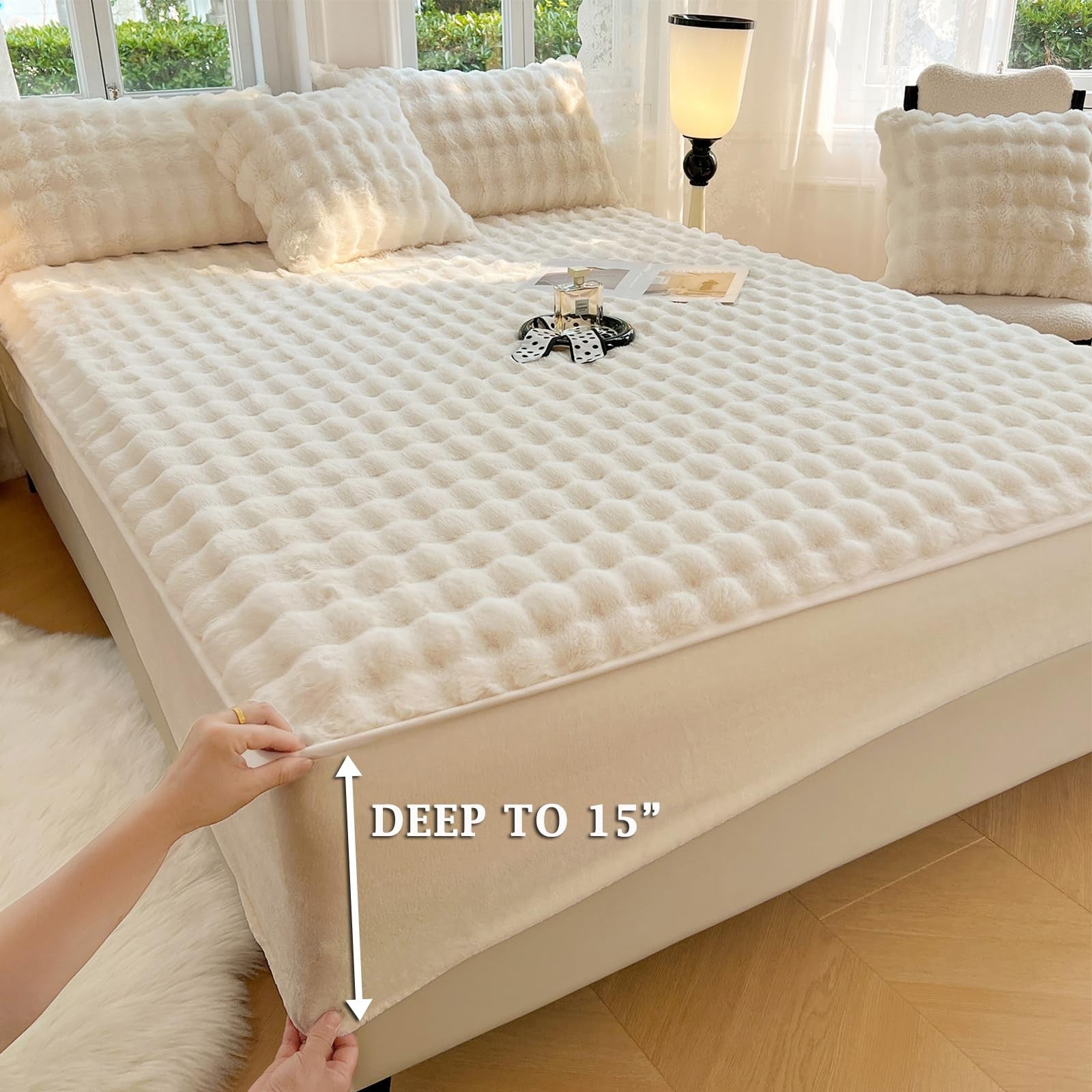 ZIQINPSQ plush shaggy king size fitted sheet with deep pockets, velvet faux fur texture, and 15-inch depth for cozy comfort.