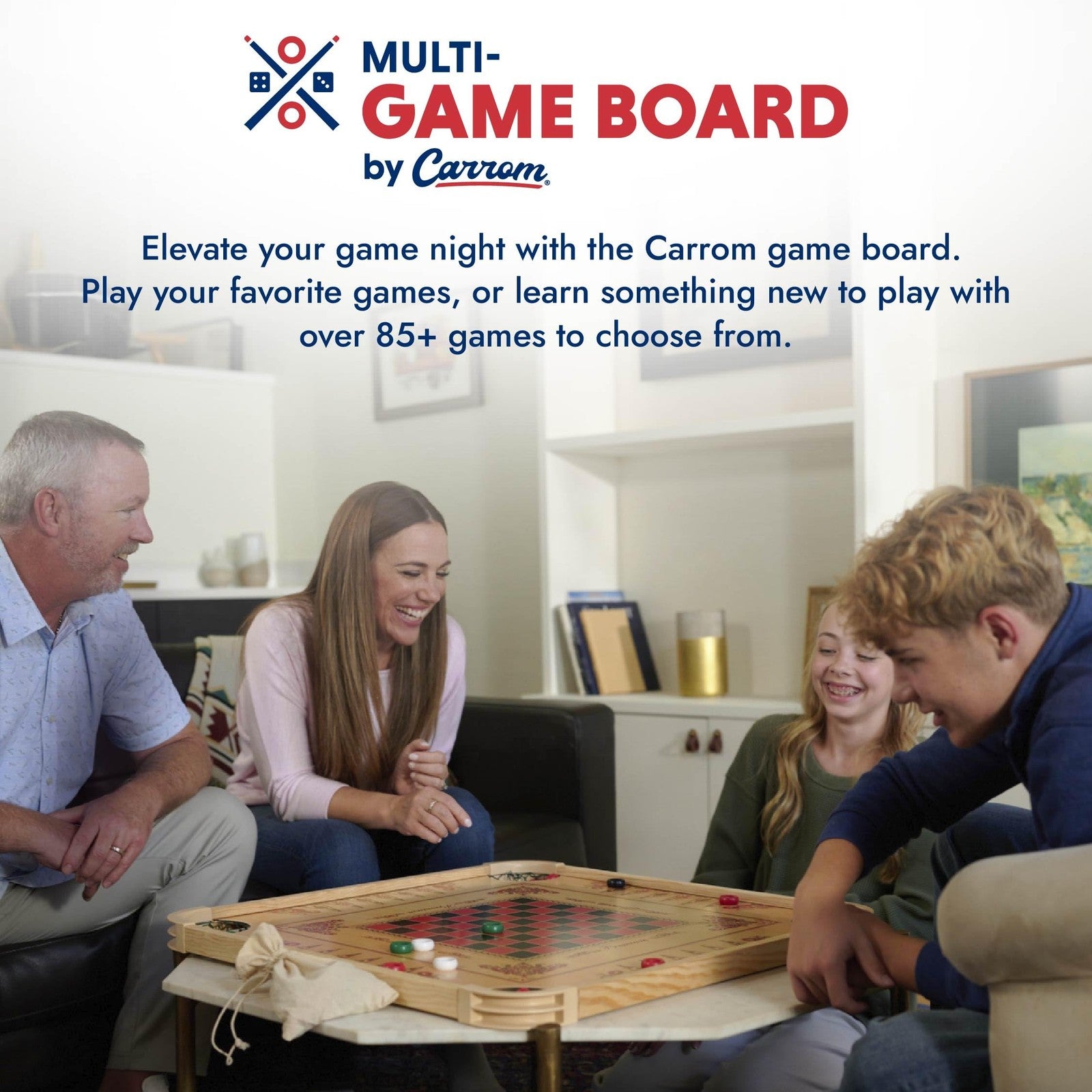 Carrom brand large carrom board game set with striker and coins, suitable for adults and children for family fun.