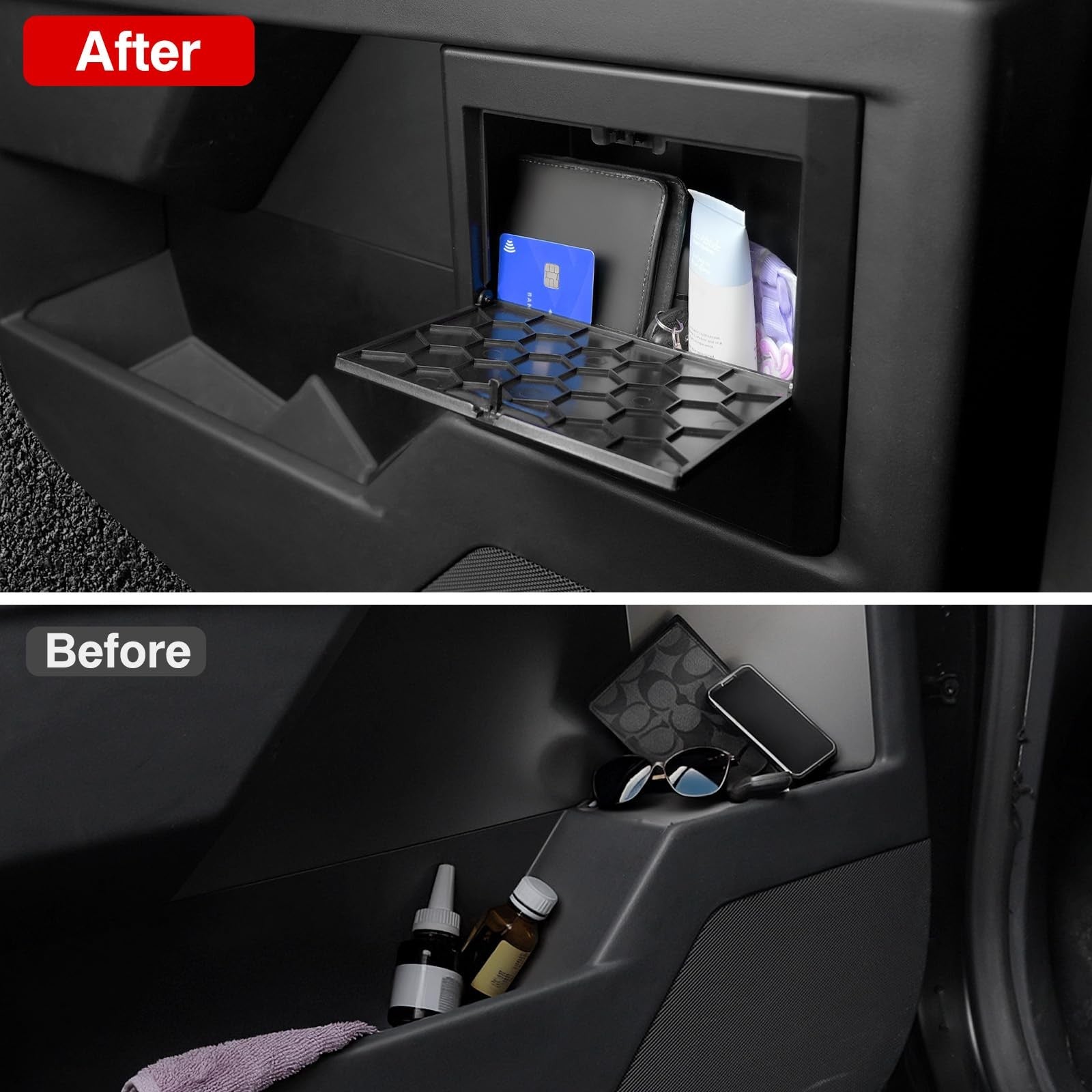 Foronetry hidden storage box for Tesla Cybertruck 2024-2026 door interior, built-in storage compartment design.