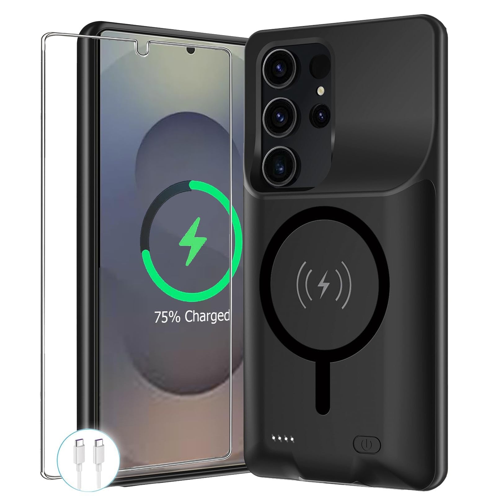 MAXBEAR Galaxy S25 Ultra battery case with 12000mAh capacity, wireless charging, portable protective design, and integrated power bank.