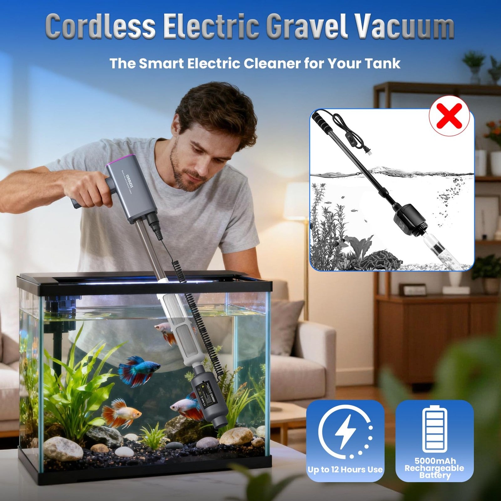 Rechargeable electric aquarium gravel cleaner by RIRMJOR with adjustable suction for fish tank cleaning.