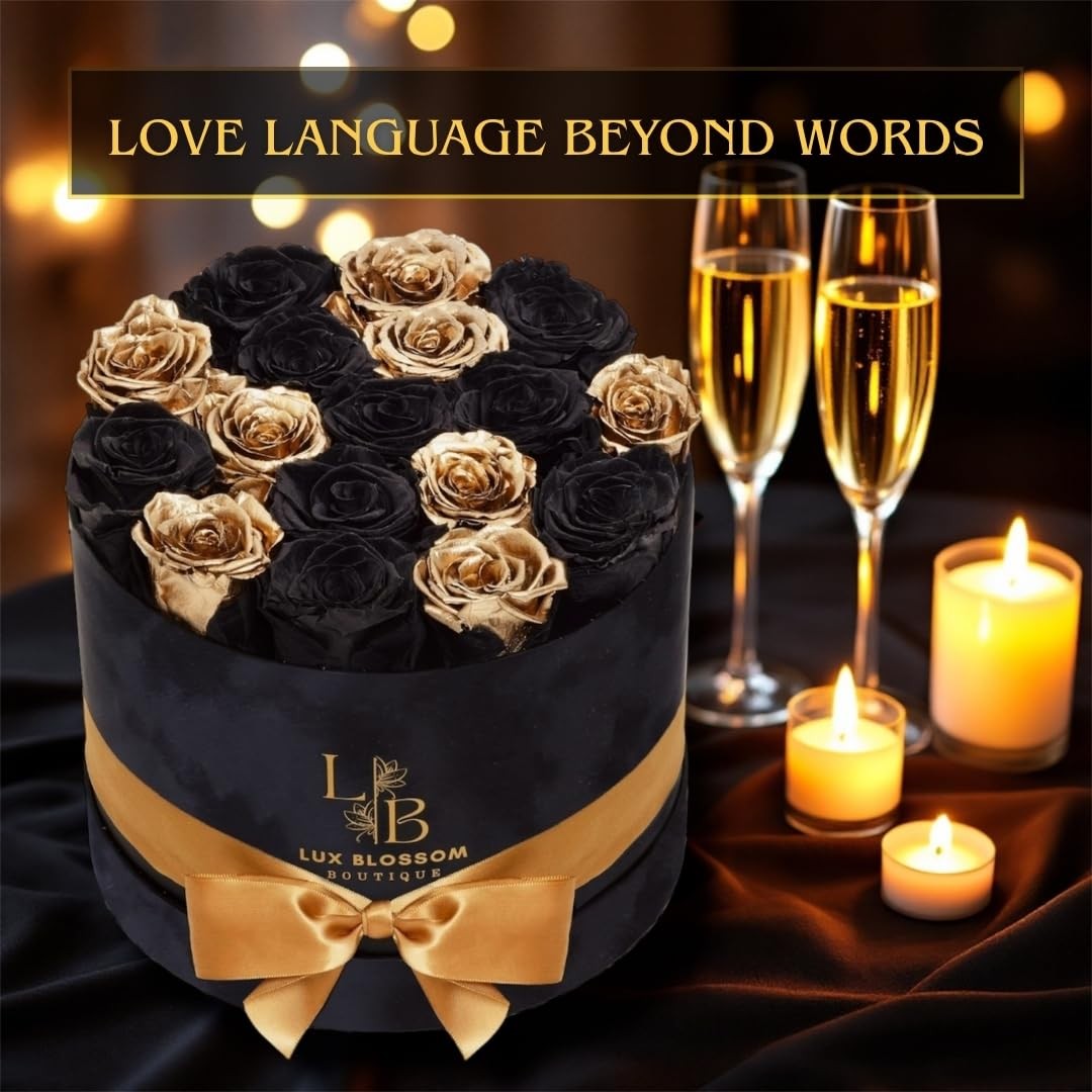Lux Blossom Boutique 17 black and gold forever roses in a velvet box, elegant luxury floral arrangement for Valentine’s Day.