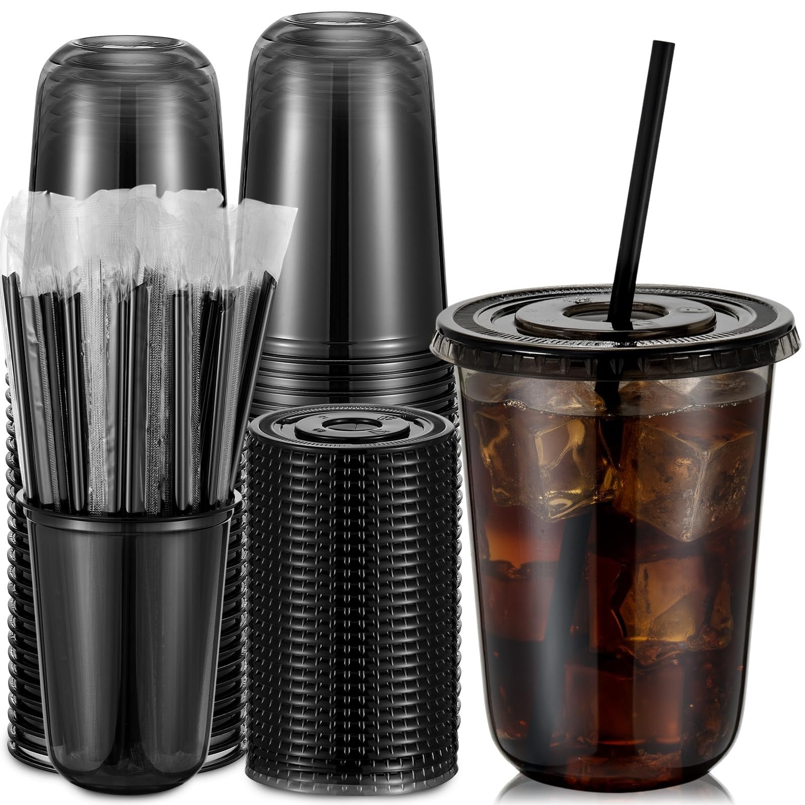 Ziliny 50-pack 16 oz clear plastic cups with lids and straws, disposable PET cups for iced beverages, stacked with lids.