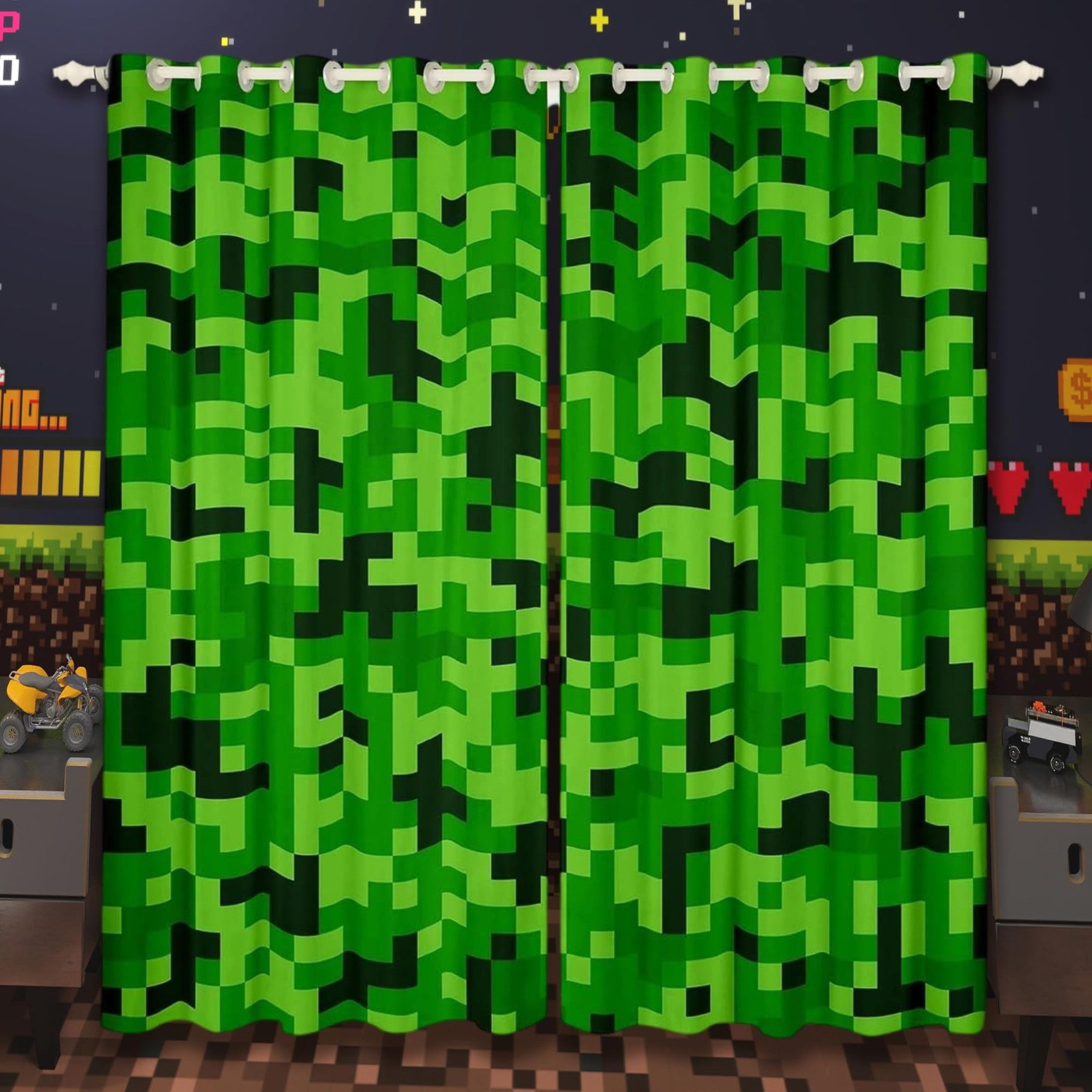 Green Pixel Miners curtains for boys' room decor, gaming blackout window drapes featuring a pixel miner design by Castle Fairy.