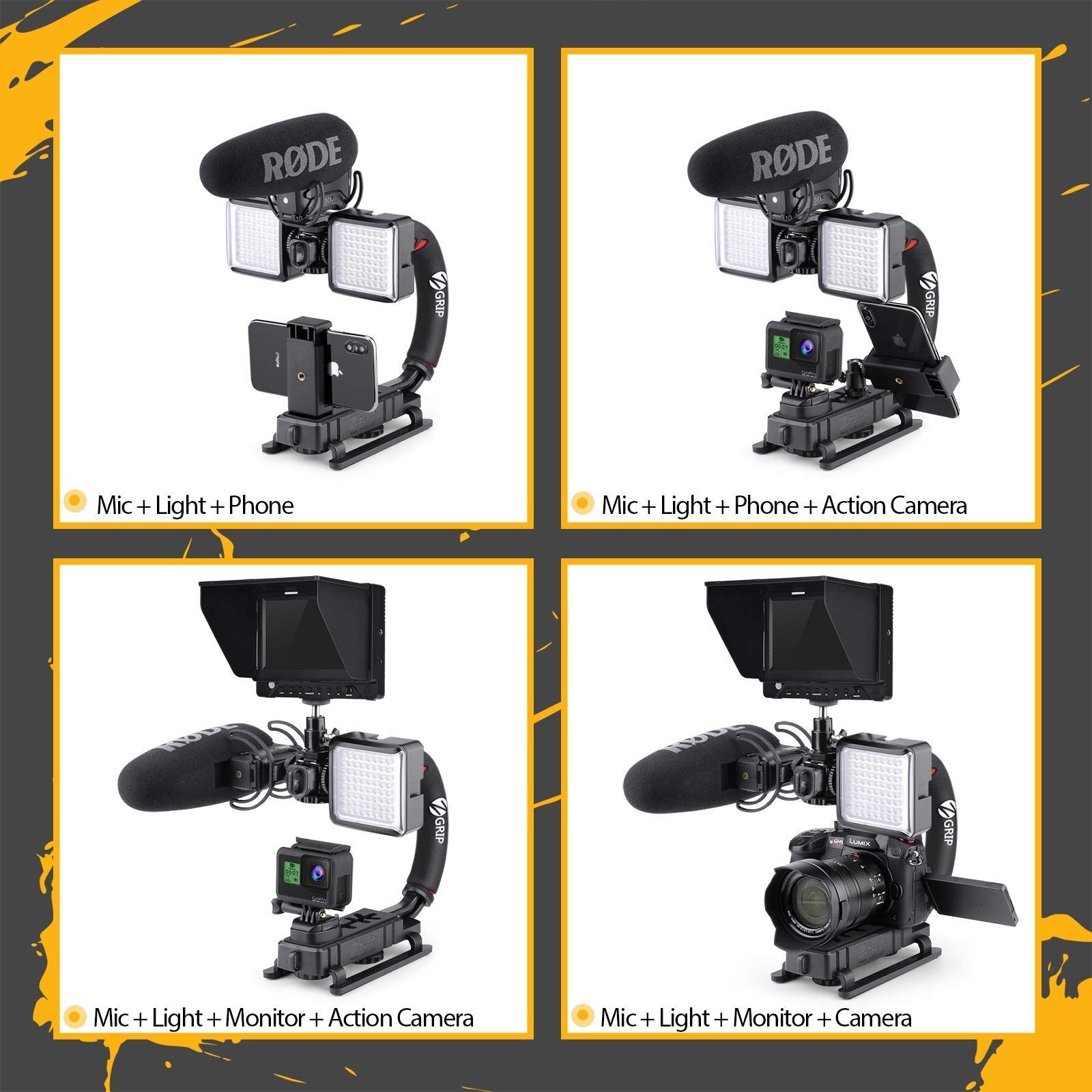 Zeadio video action stabilizing handle grip with cold-shoe mount, handheld stabilizer for smooth footage and camera attachment.