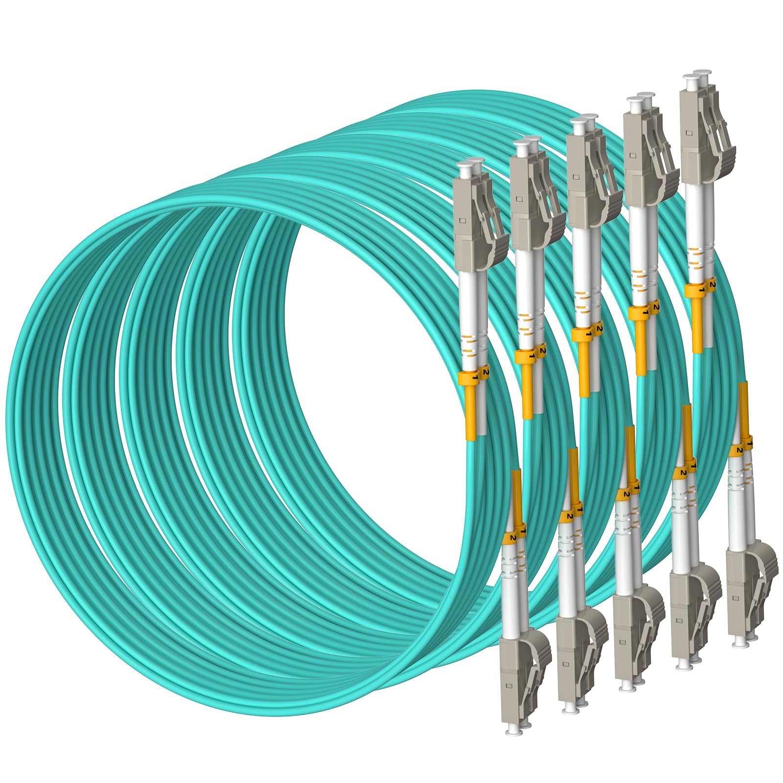 Fibergaga 5-pack OM3 multimode fiber optic patch cables with LC to LC connectors, 10ft length, 50/125µm for 10G Ethernet networks.