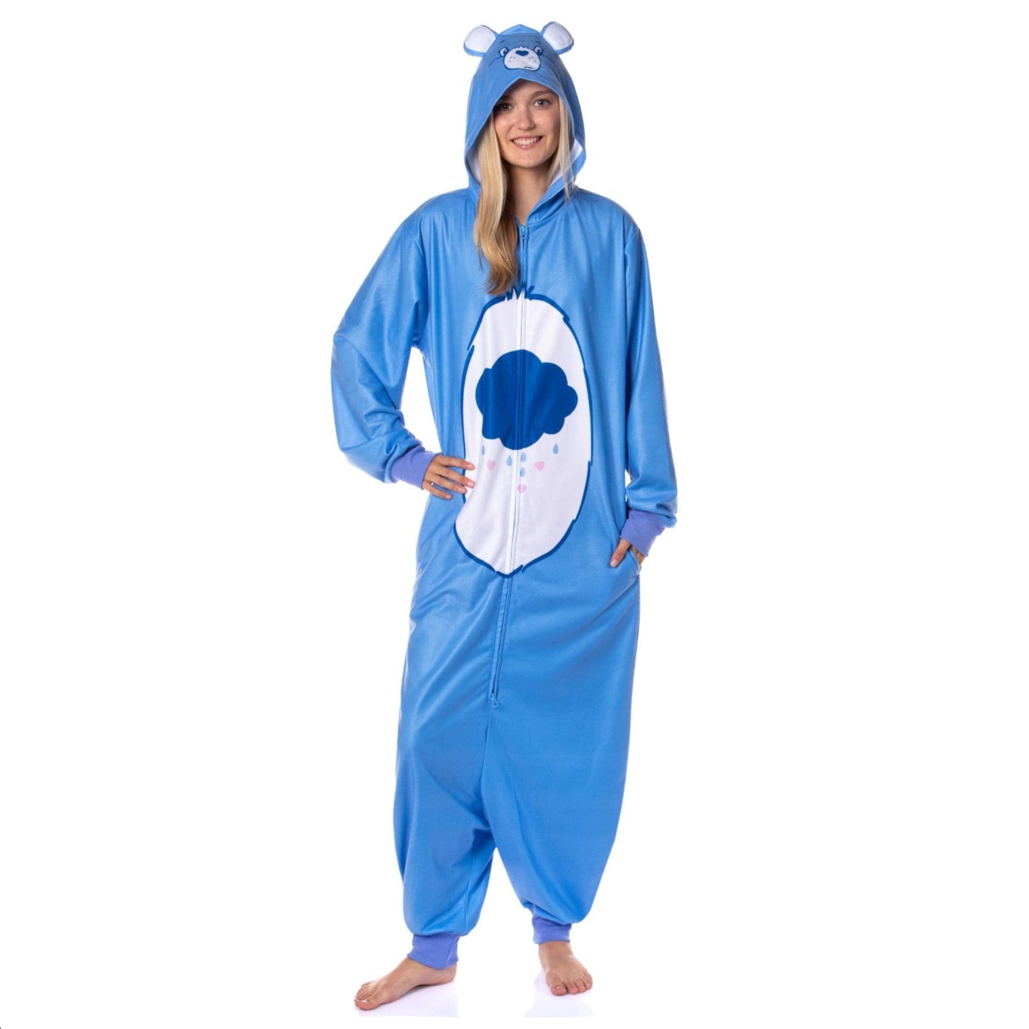 Mad Engine Care Bears hooded union suit footless one-piece pajama costume featuring colorful Care Bears design and soft fabric.