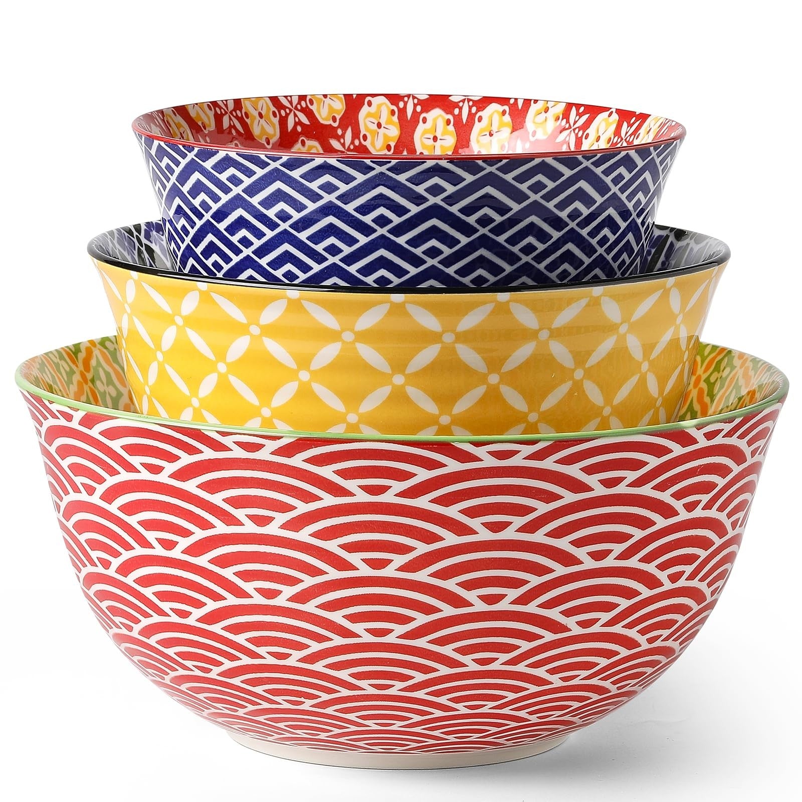 Set of colorful Metahom ceramic mixing bowls for kitchen, nesting design, large serving bowls for baking and food prep.