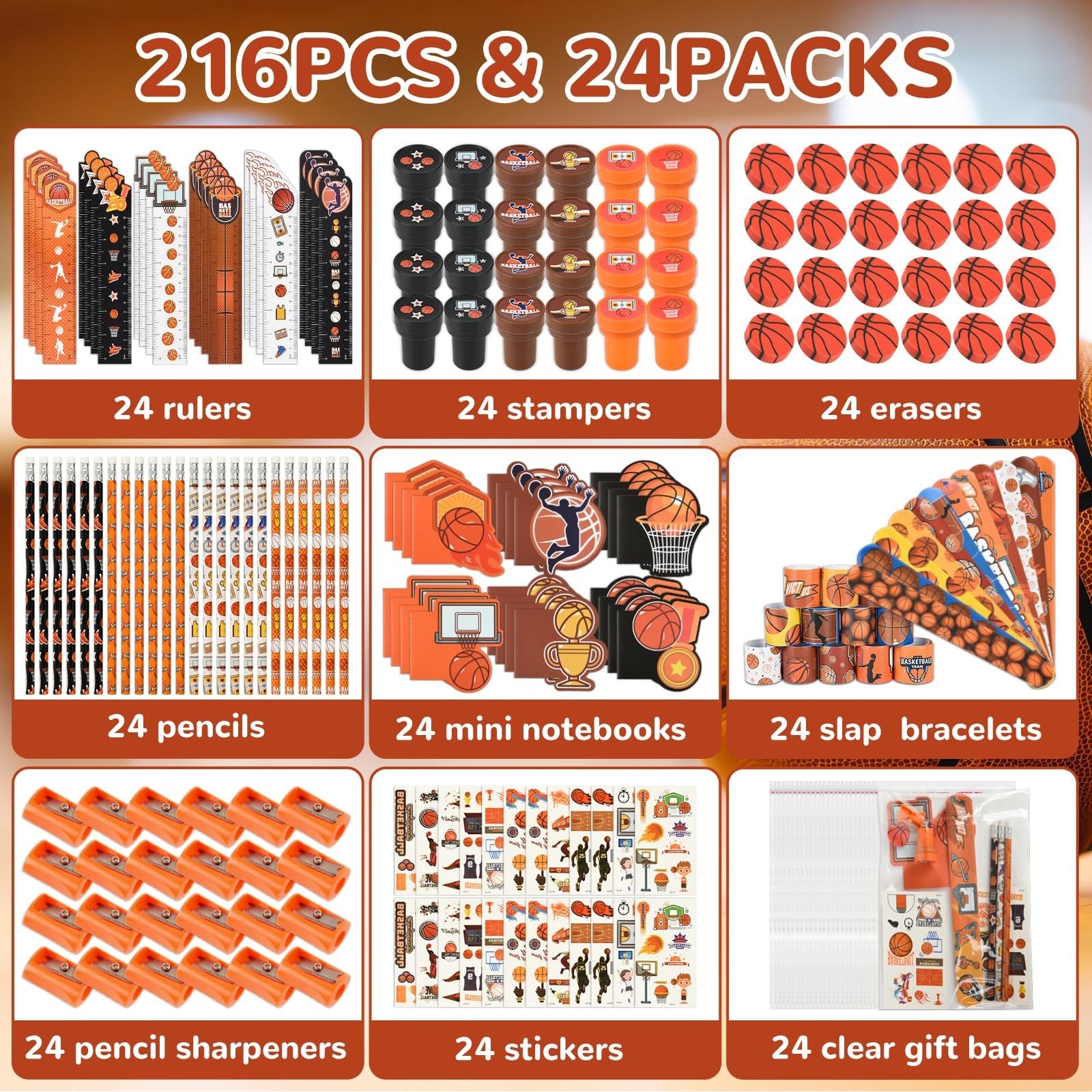 Ulema basketball-themed stationery set with 216 pieces, featuring basketball designs for birthday gifts and team supplies.