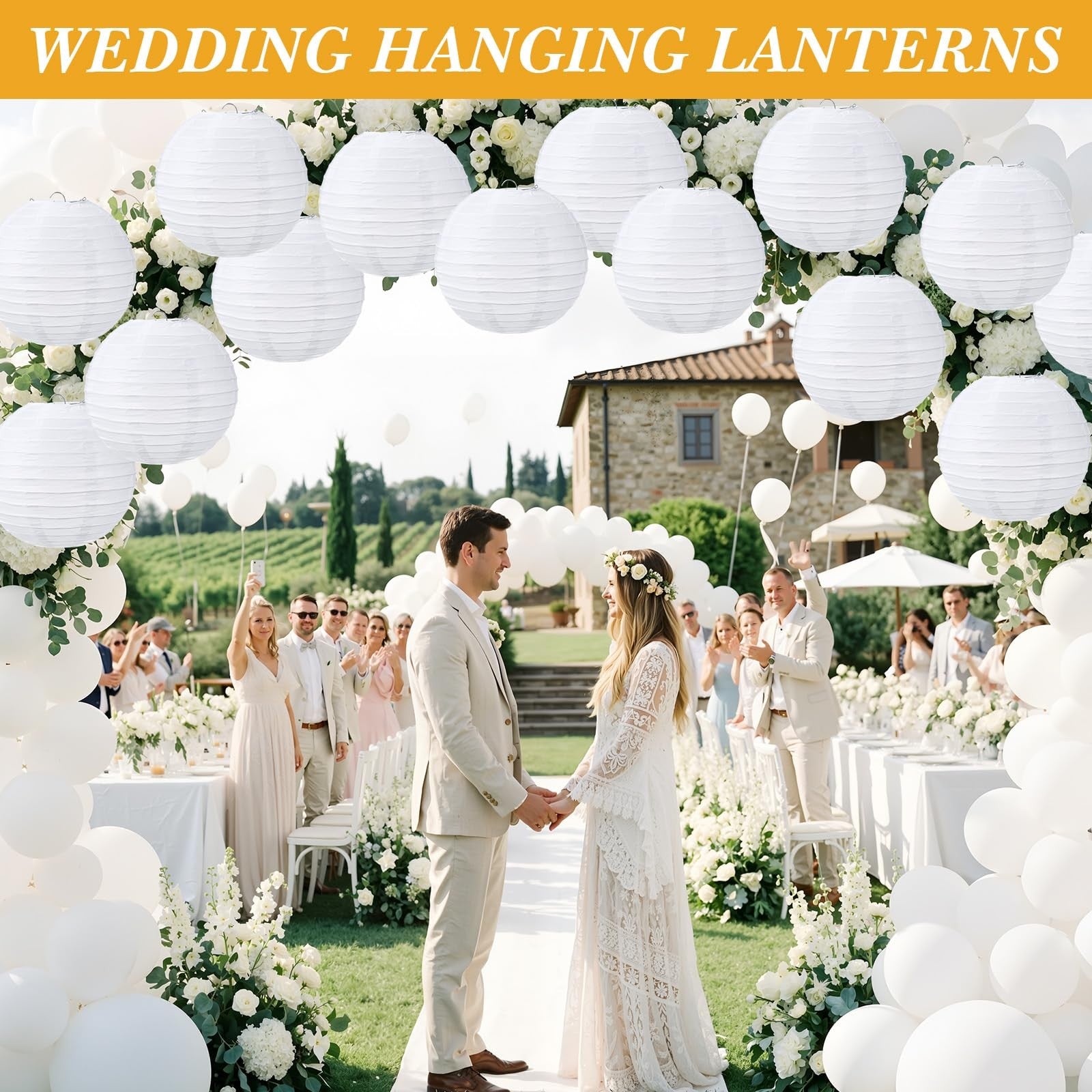 Set of 48 white Chinese paper lanterns by Treela, decorative hanging paper balls for Asian-inspired party or home decor.
