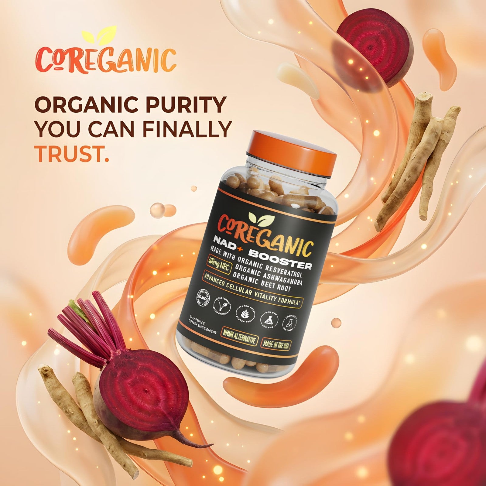 Organic Coreganic Clean NAD Support supplement with 400mg nicotinamide riboside and resveratrol, displayed in a clear bottle.