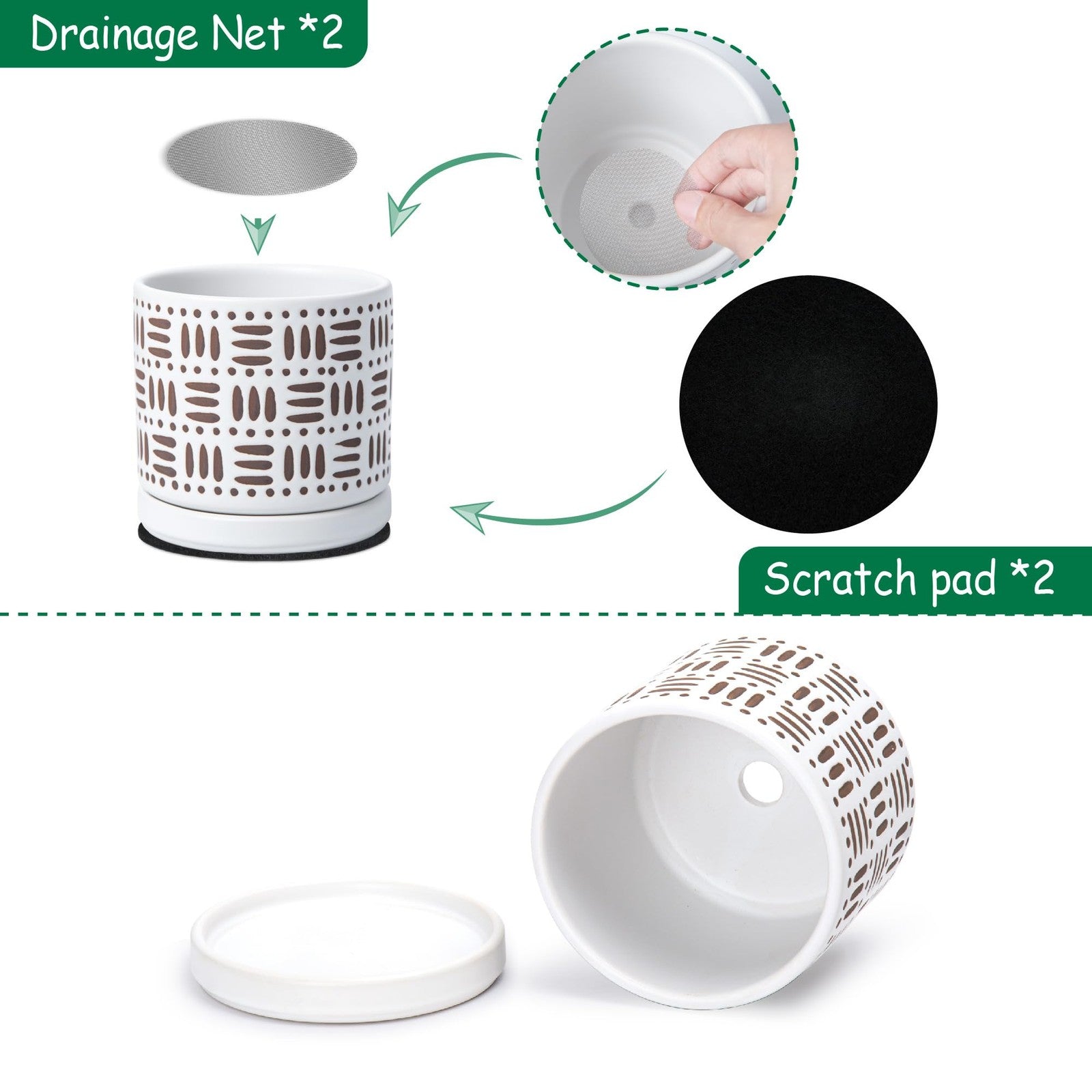 Set of two D'vine Dev 4.5-inch ceramic planter pots with drainage holes and matching saucers, ideal for indoor plants.