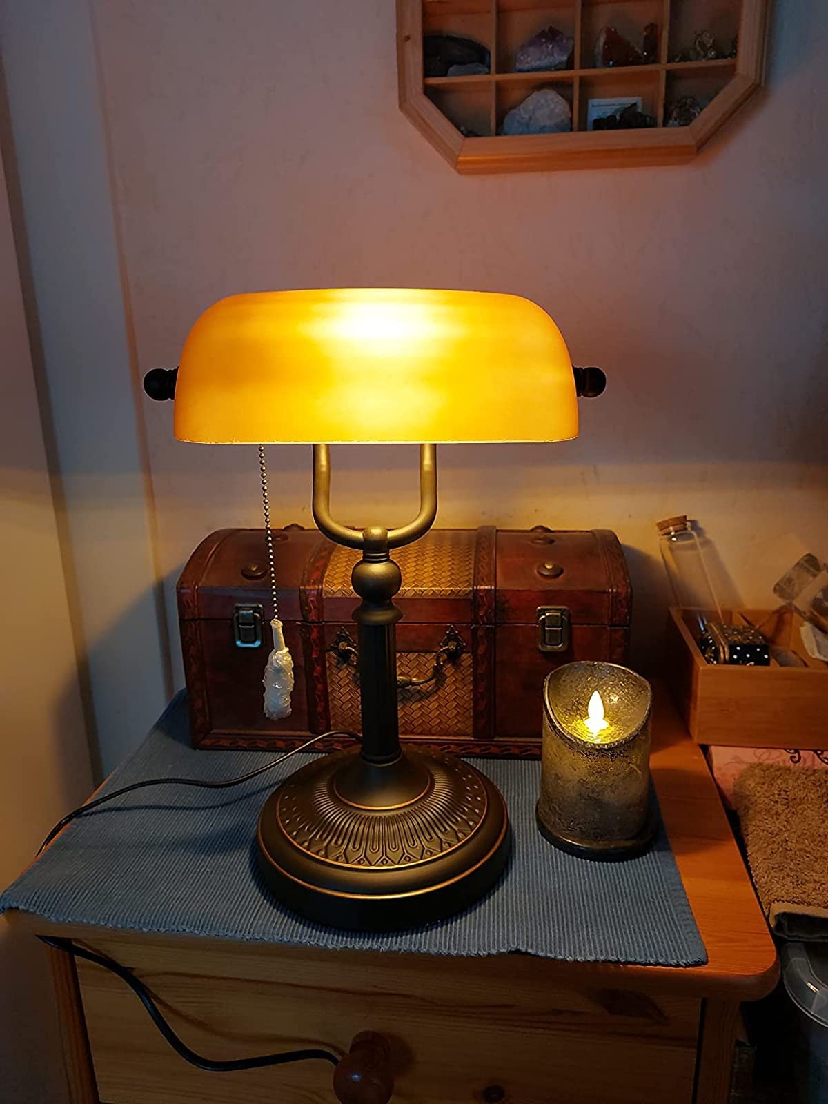 Newrays orange glass bankers desk lamp with pull chain switch and plug-in fixture, featuring a stylish matted glass shade.