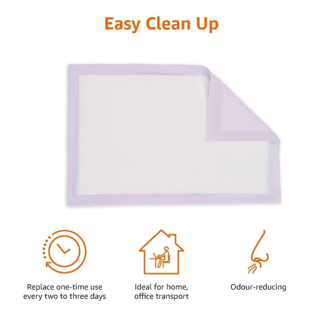 Amazon Basics cat pad refills with fresh scent, 60-pack, showing white and purple pads designed for litter box odor control.
