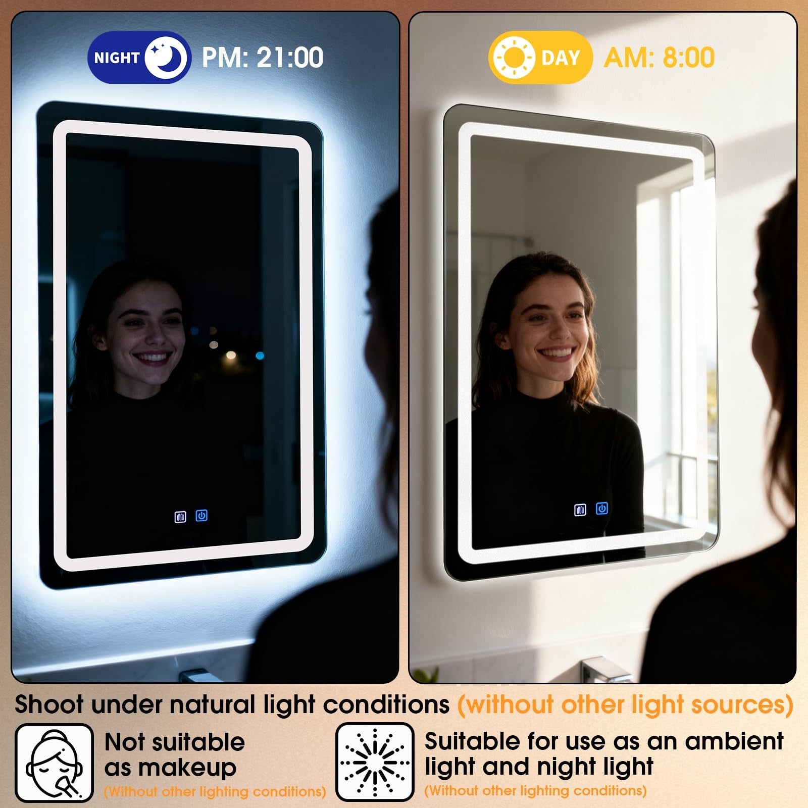 WARM&LOVE LED bathroom mirror, 16x24 inch anti-fog mirror with built-in lights and stepless dimming, suitable for modern bathrooms.