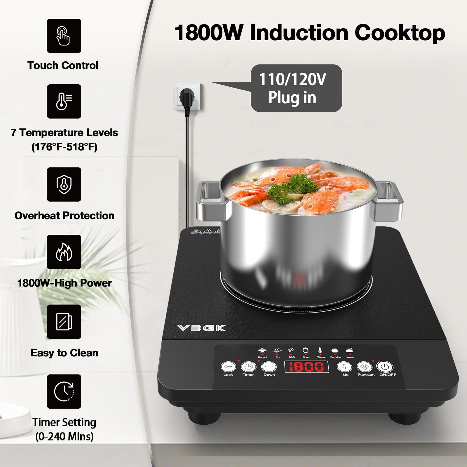 VBGK portable induction cooktop with single 1800W burner, 110V stove top for efficient cooking and easy portability.