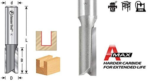 Amana Tool carbide-tipped straight plunge router bit, 5/8-inch diameter, 2-inch length, with 1/2-inch shank for woodworking.