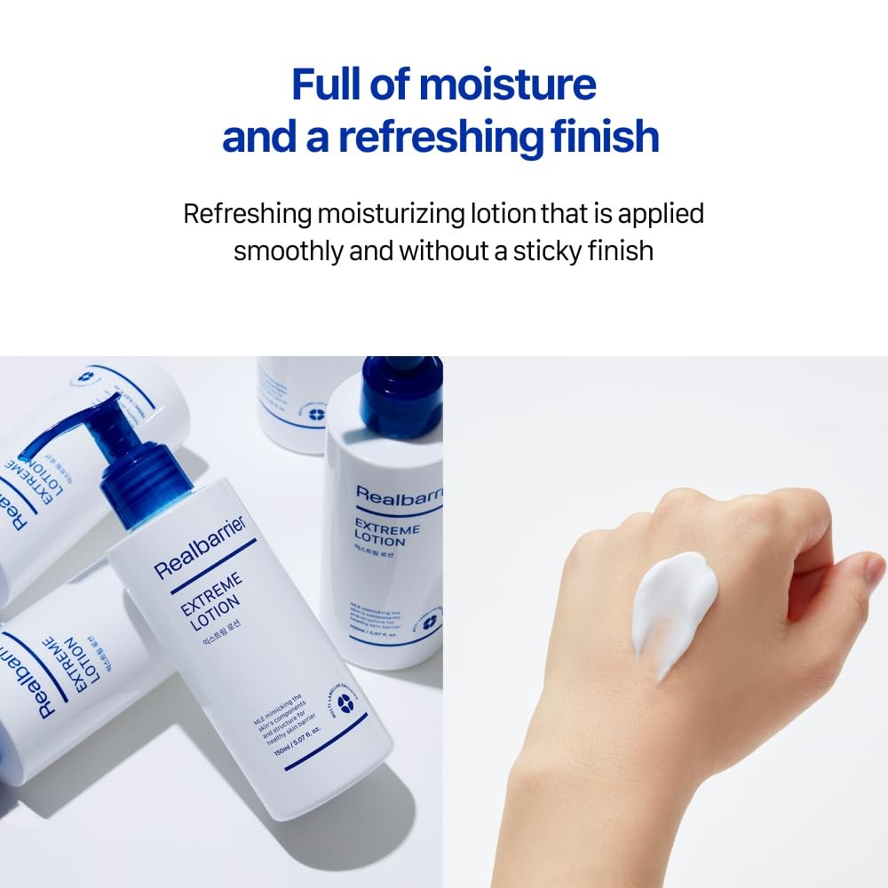 Real Barrier Extreme Lotion for sensitive skin, facial moisturizer in a white tube with a pump applicator, designed for gentle hydration