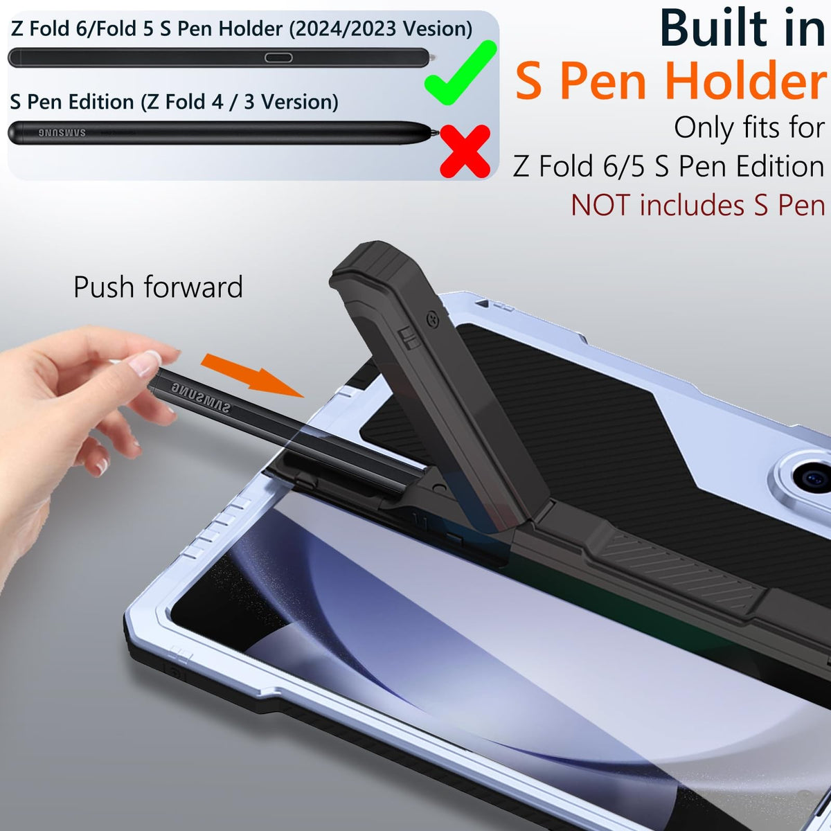 Slim Z Fold 5 case with metal frame and S Pen holder, featuring a screen protector for enhanced protection and style.