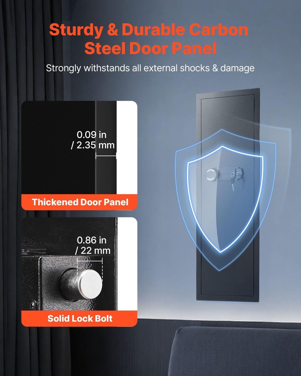 Vevor 43.3-inch high wall safe with 4-tier gun storage, hidden wall-mounted design, keypad, and key lock for secure storage
