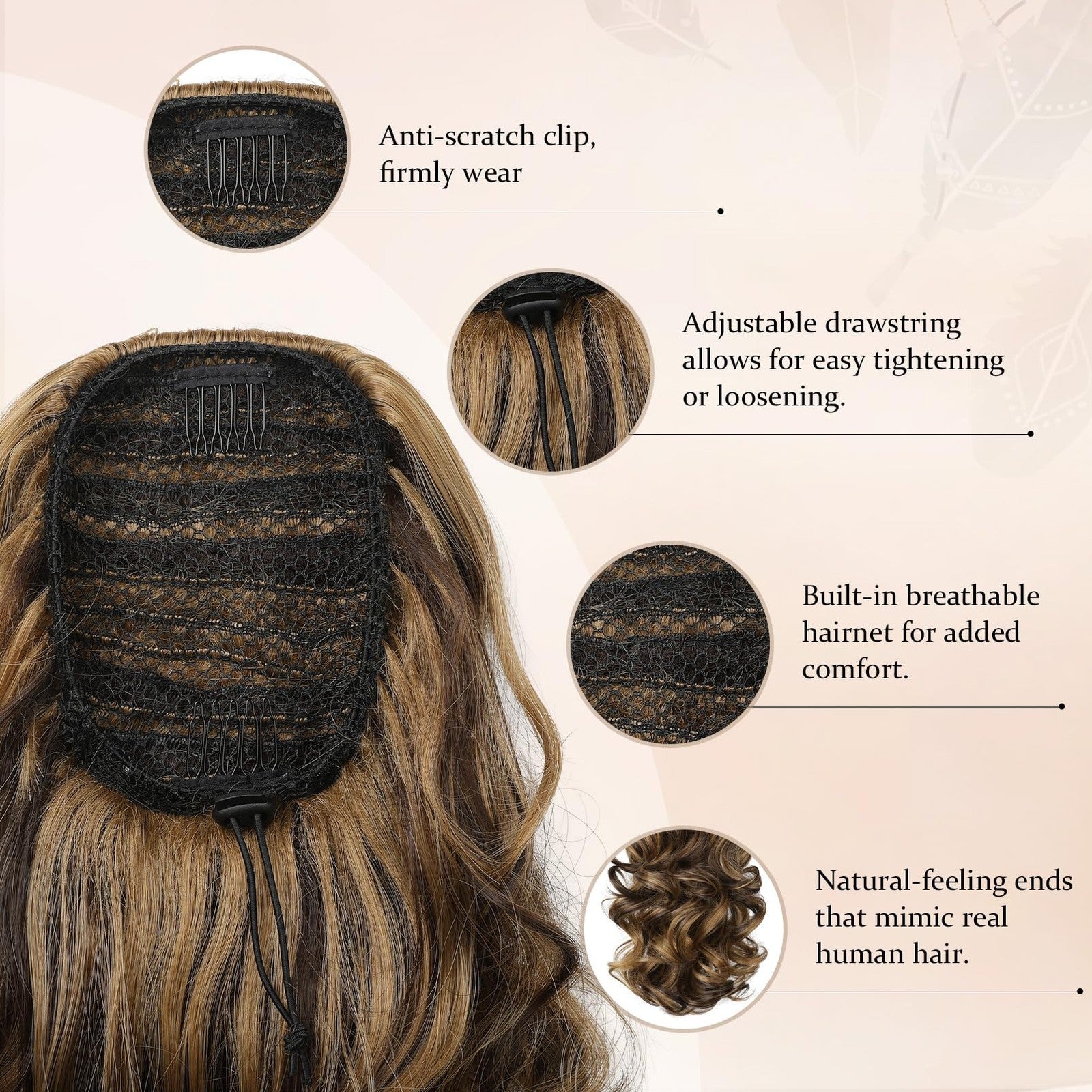 Flufymooz 14-inch short drawstring ponytail extension showing soft, curly synthetic hair attached to a hair tie.