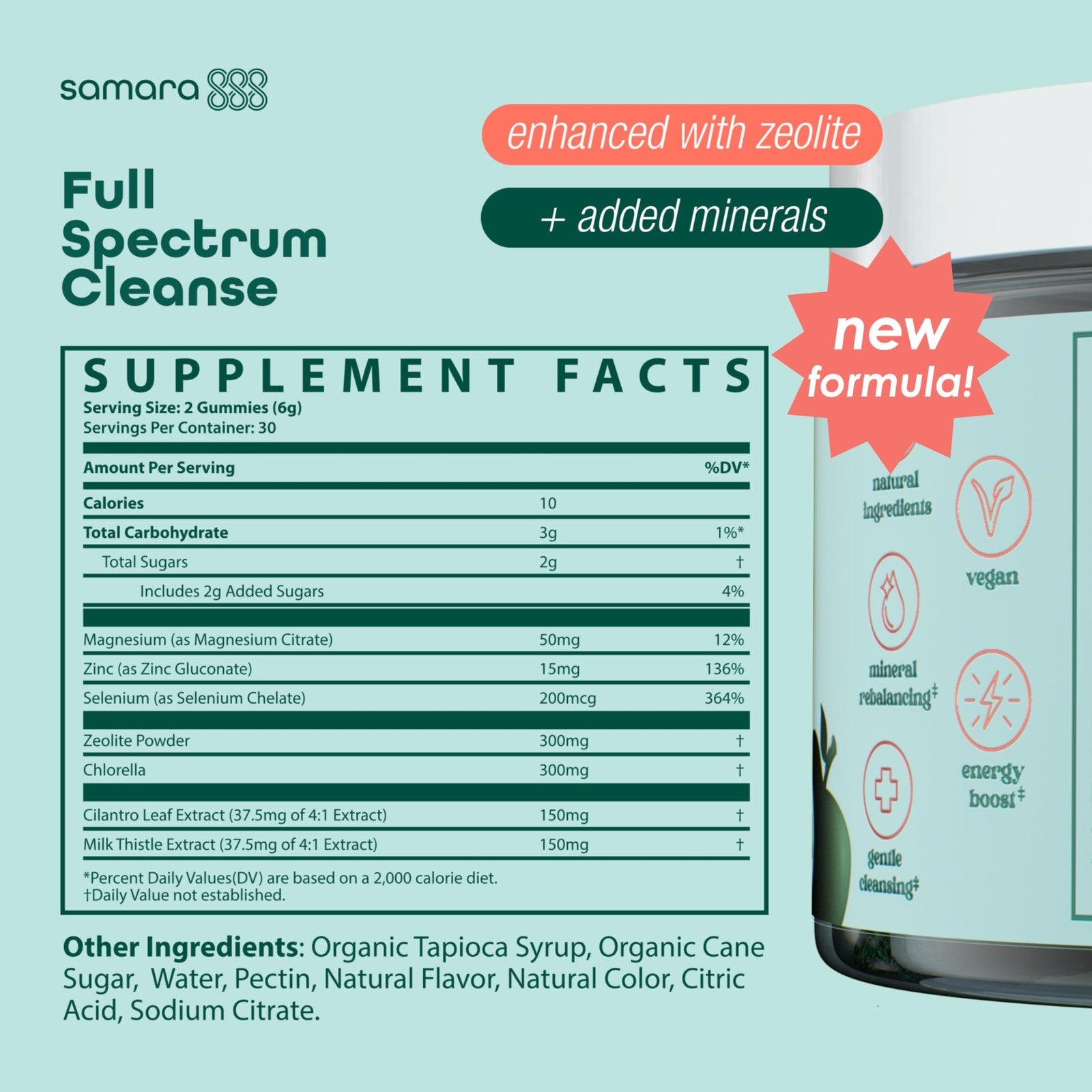 Samara 888 Zeolite Detox gummies for kids and adults, featuring heavy metal detox and chlorella in soft chew form.