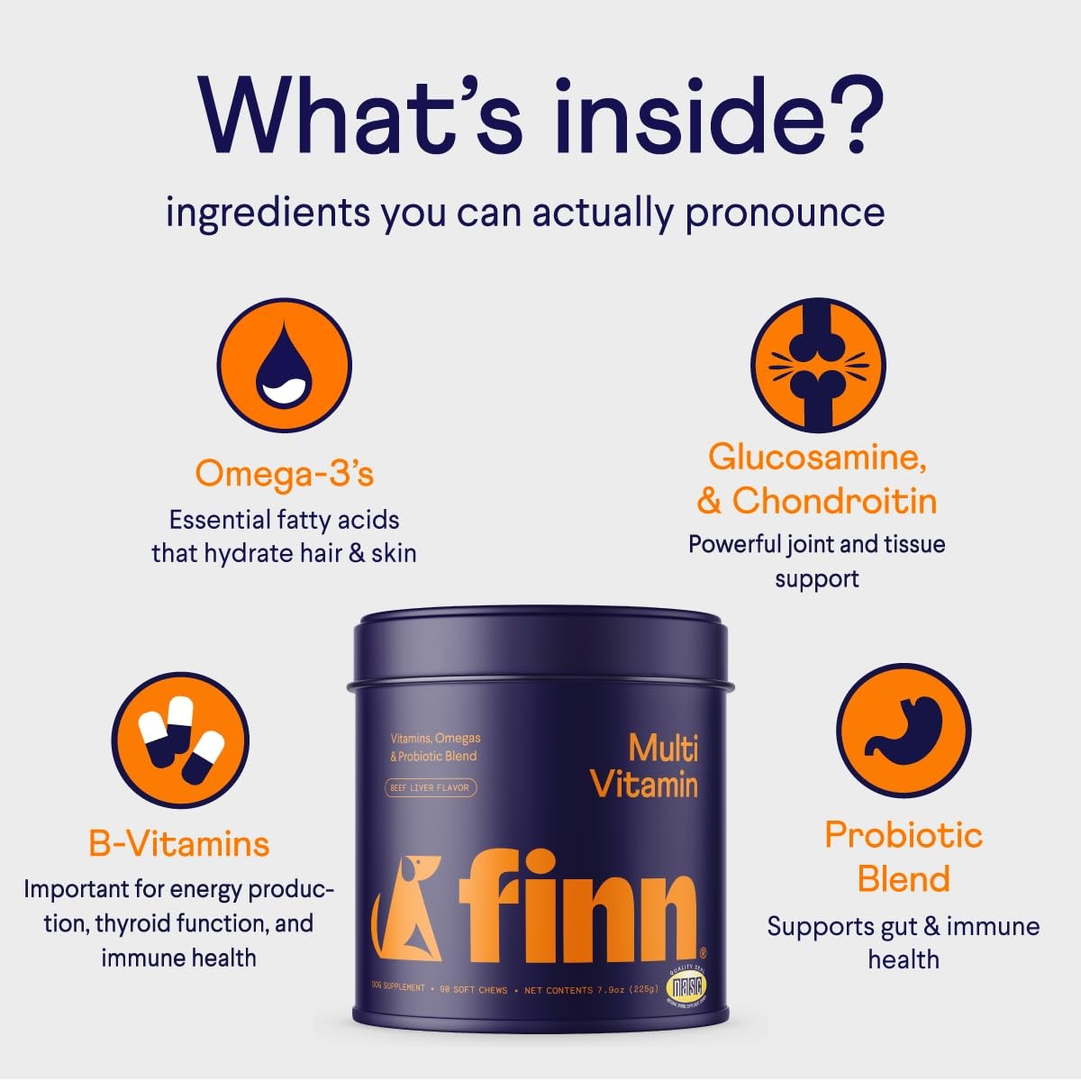 Finn All-in-1 Dog Multivitamin with probiotics, omega fatty acids, and essential nutrients in chewable tablet form.