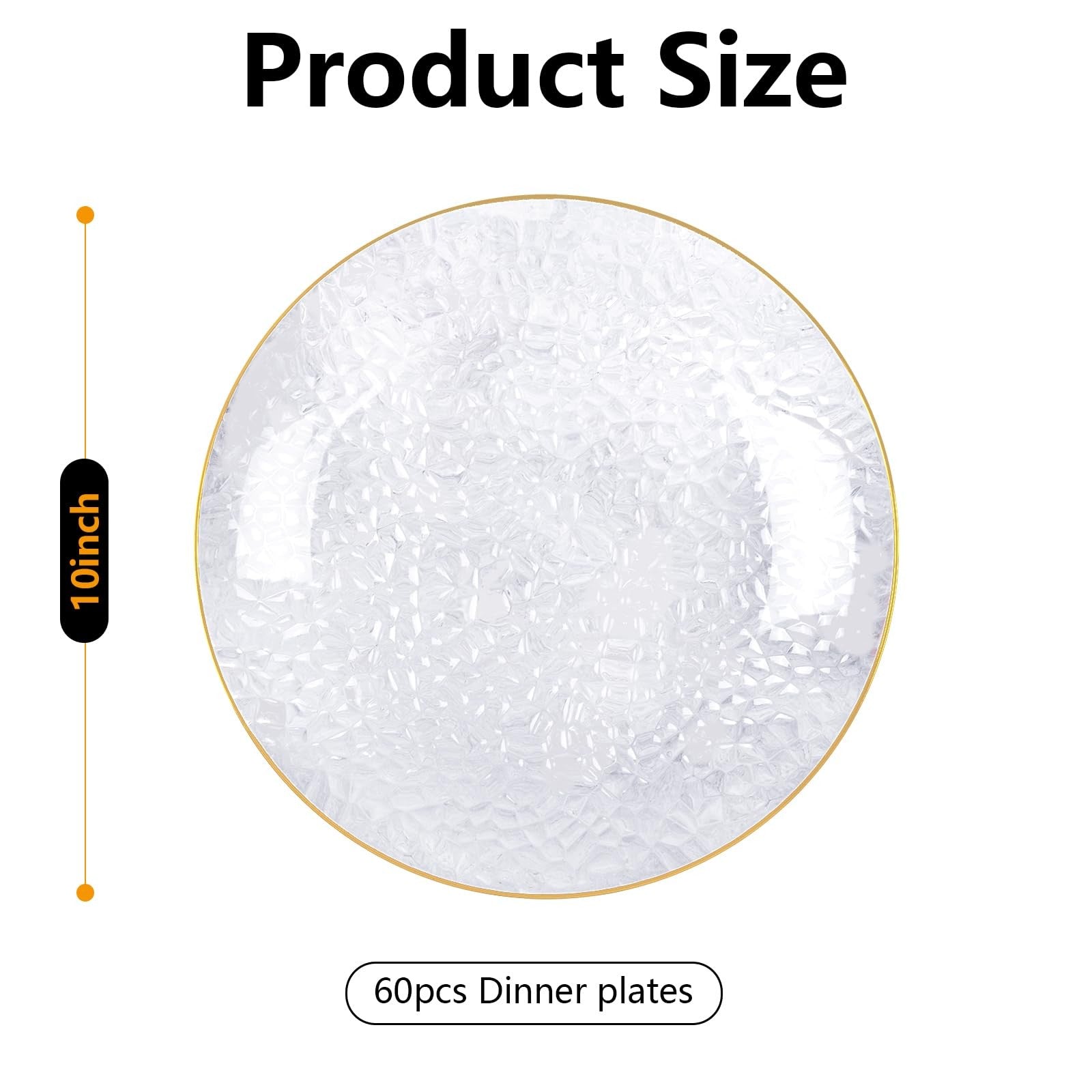 Set of 60 gold plastic dinner plates with 10-inch clear gold design by Rubtlamp, featuring a hammered pattern for elegant dining.