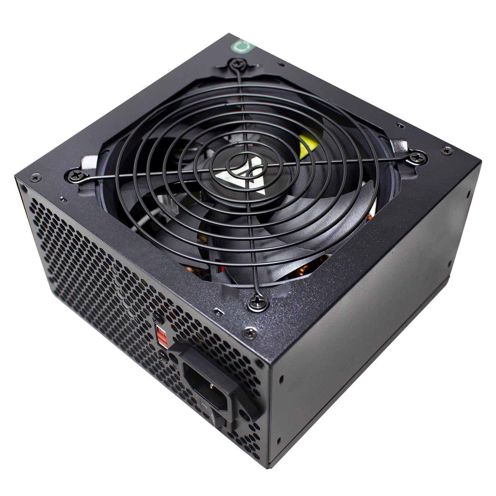 Apevia Venus450W 450W ATX power supply with auto-thermally controlled 120mm fan, black metal case, and power connection ports.