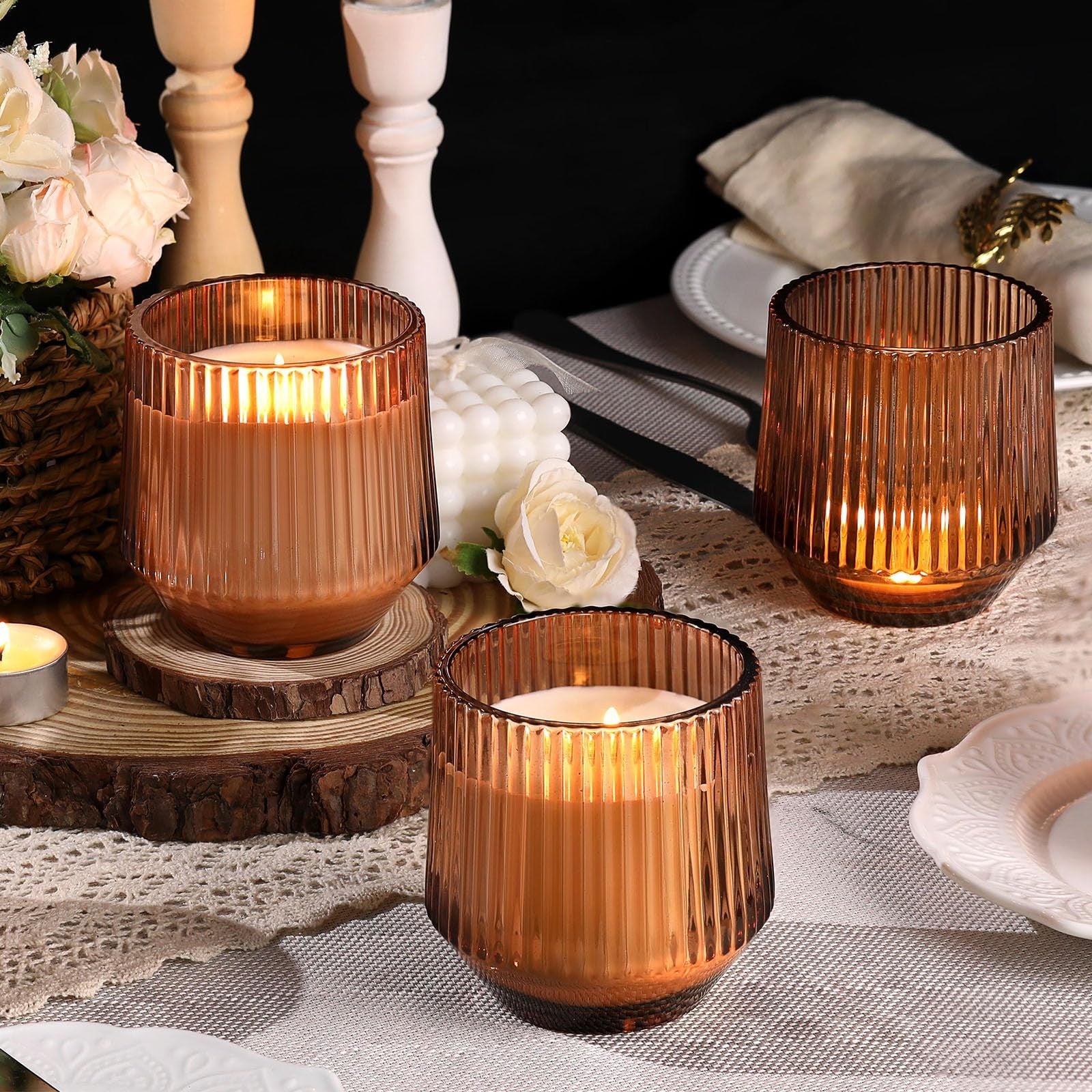 Six Simeitol 13 oz terracotta ribbed glass candle jars for making candles, arranged on a white surface.