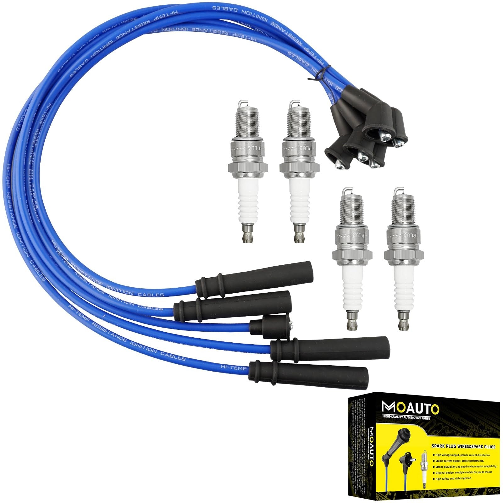 MOAUTO set of 4 iridium spark plugs with wires, compatible with RC-TX99A, showing the plugs and wiring set in a close-up view.