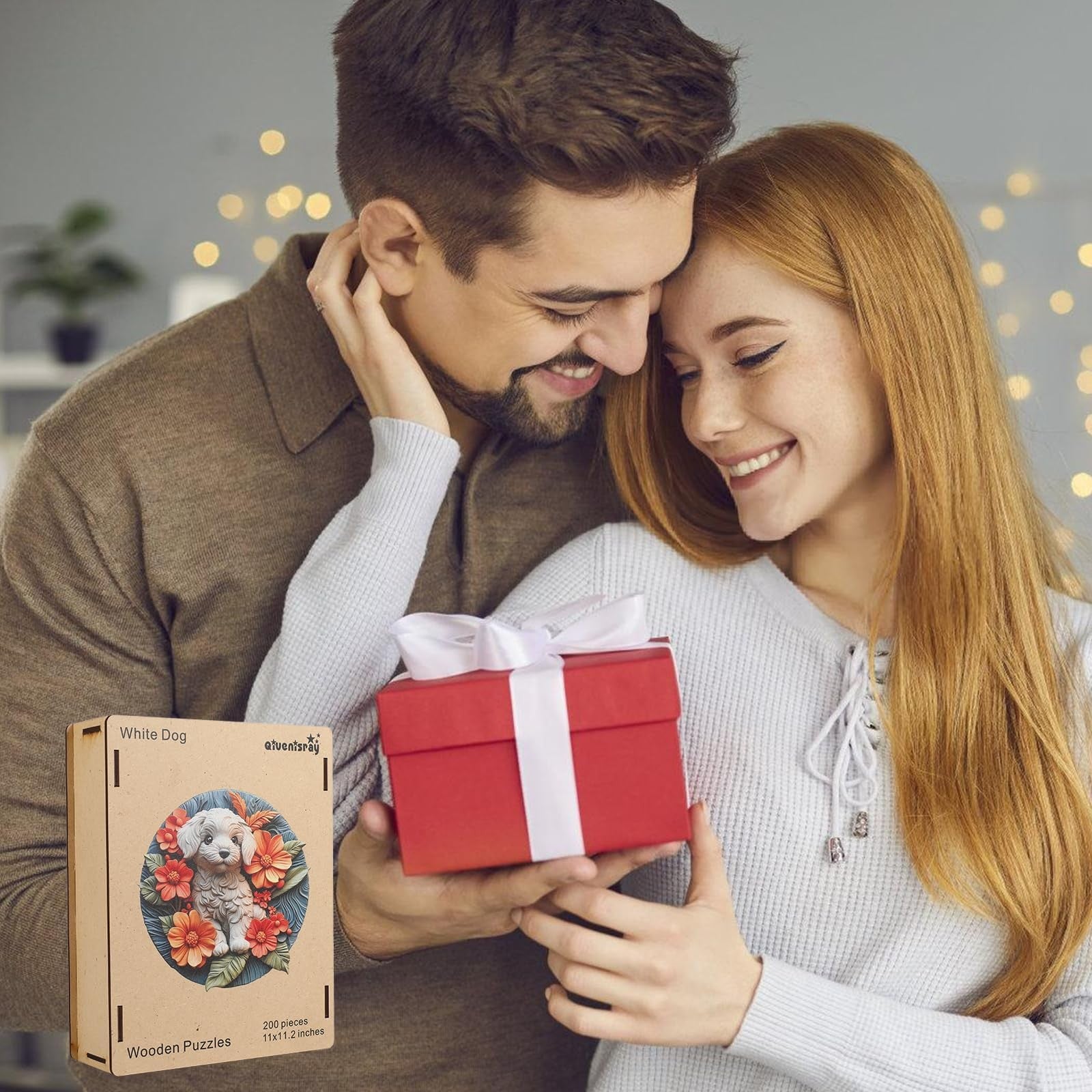 Qiuenisray Valentine's Day wooden puzzle featuring a white dog, 500-piece jigsaw for adults, assembled on a wooden surface.