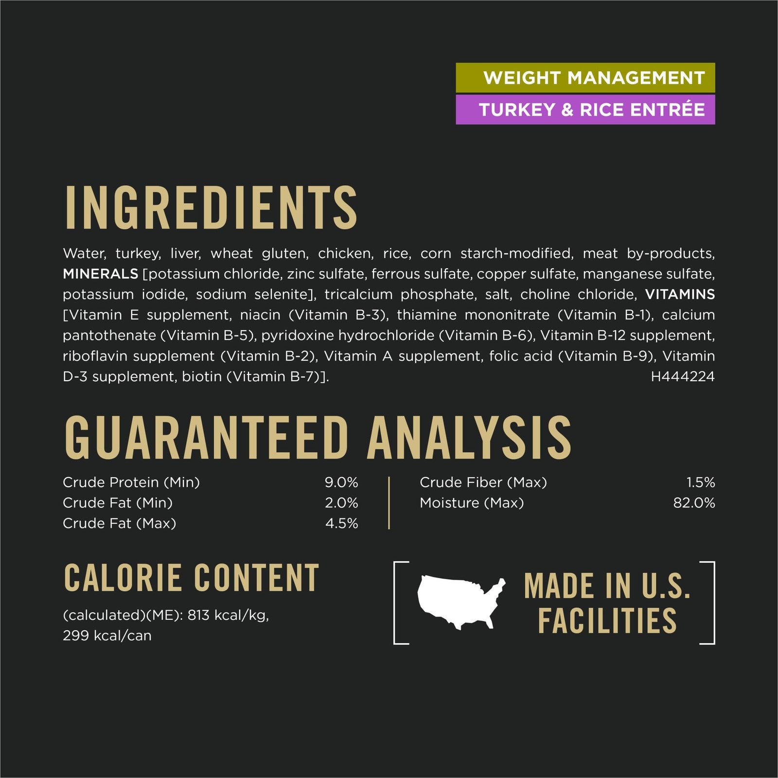 Canned Purina Pro Plan Weight Management Wet Dog Food with chicken and rice in a serving dish, suitable for adult dogs.