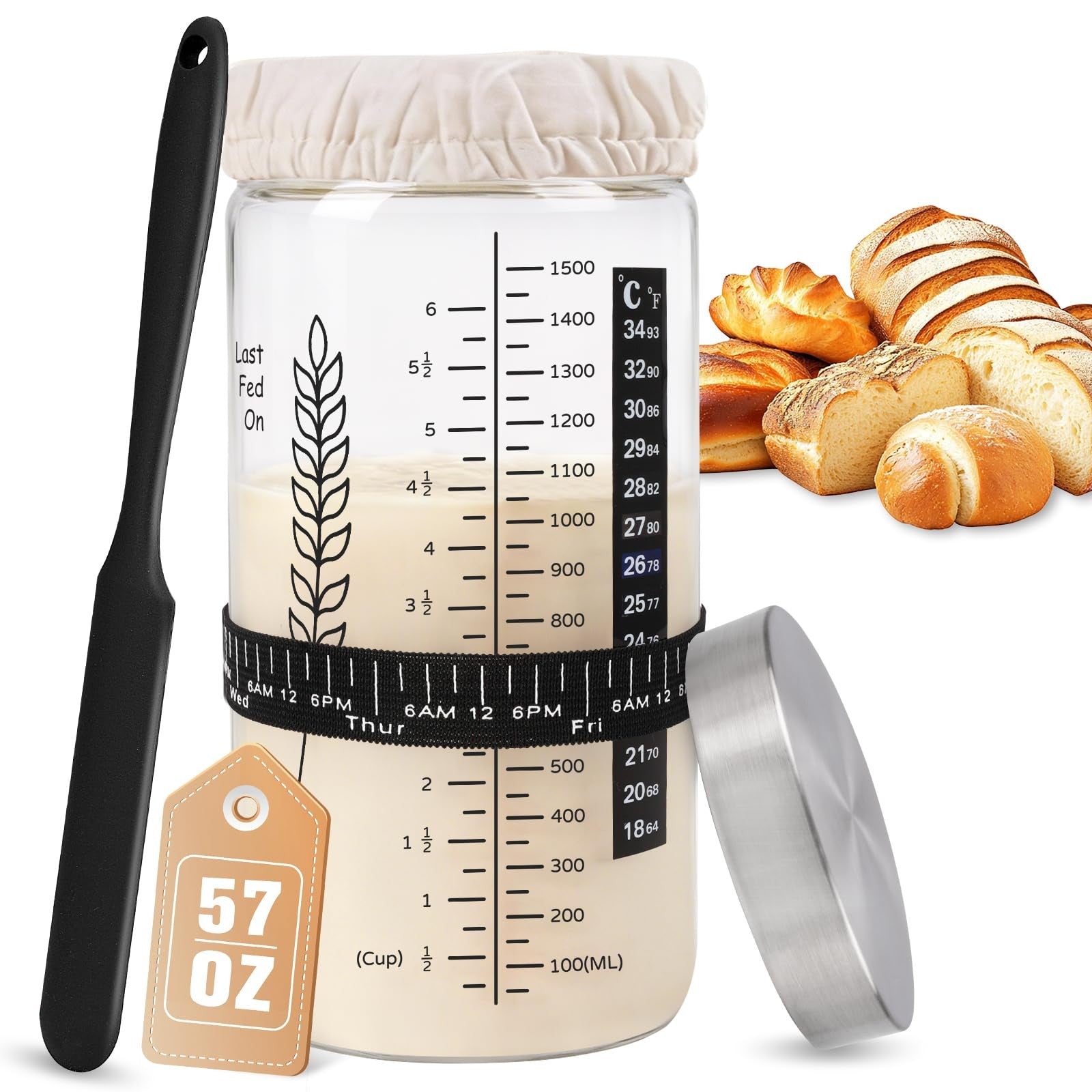 Rakovar 57oz sourdough starter jar kit with wide mouth, large capacity glass jar for fermenting sourdough starters.