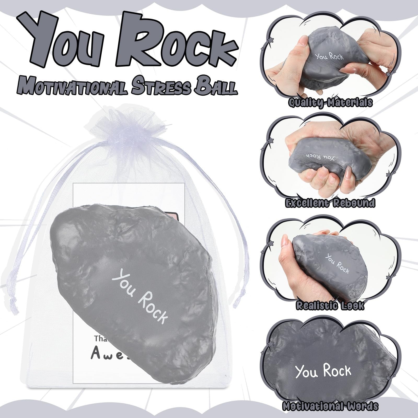 Gemscream 30-set of inspirational stress balls made of foam, featuring motivational messages and vibrant colors for stress relief.