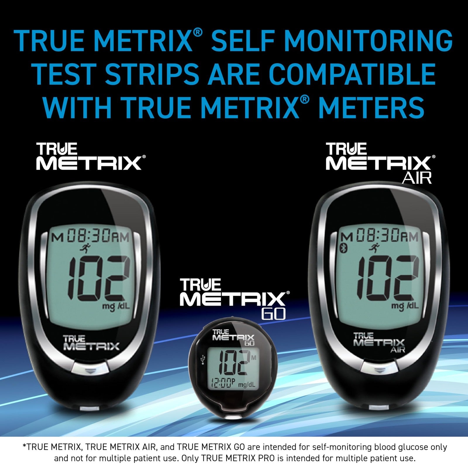 Two packs of True Metrix blood glucose test strips, each containing 100 test strips for diabetes monitoring.