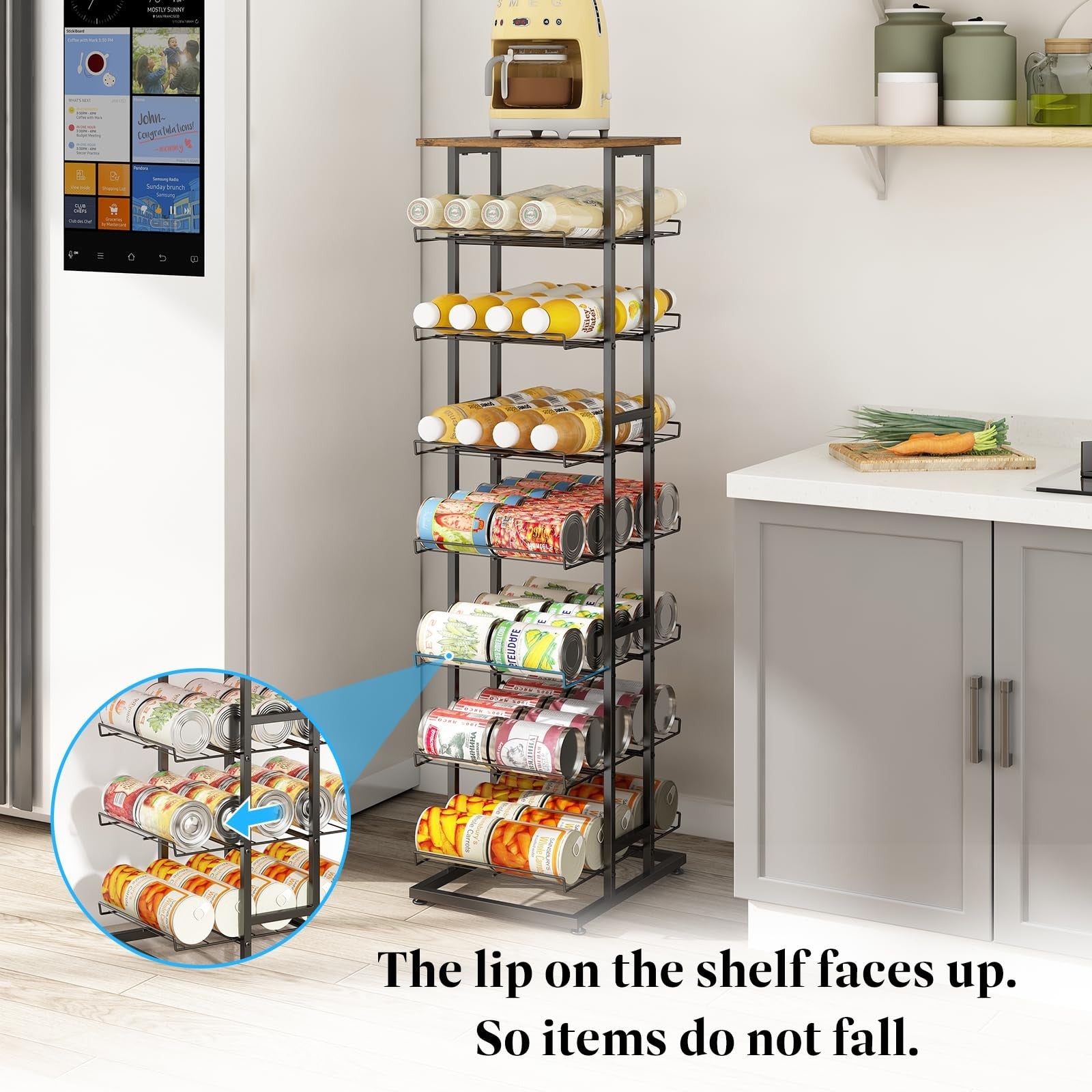 GILLAS tier water bottle storage with wooden tabletop and metal beverage caddy, multi-tier bottle organizer on a wooden surface.