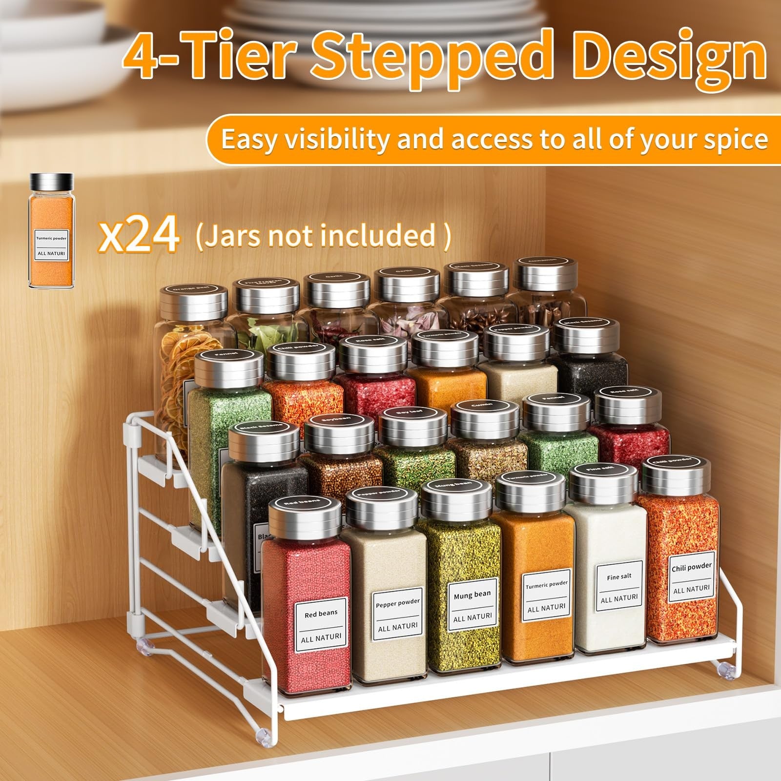 RCHYFEED 4-tier spice rack organizer inside a kitchen cabinet, holding various spice jars and bottles.