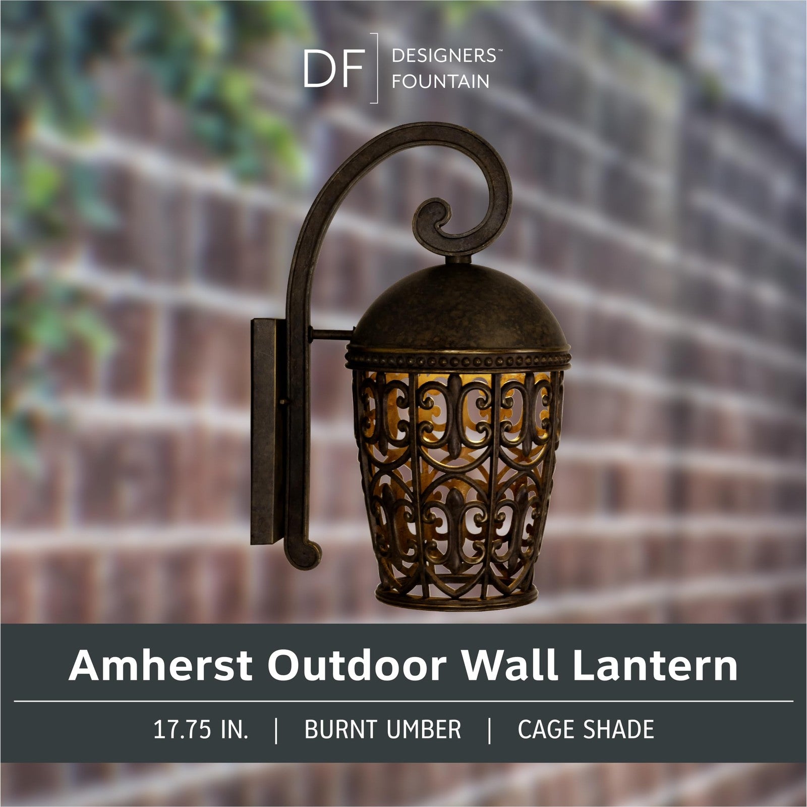 Outdoor wall light fixture by Designers Fountain Amherst, 17.75 inches tall, with classic exterior design and clear glass panels.