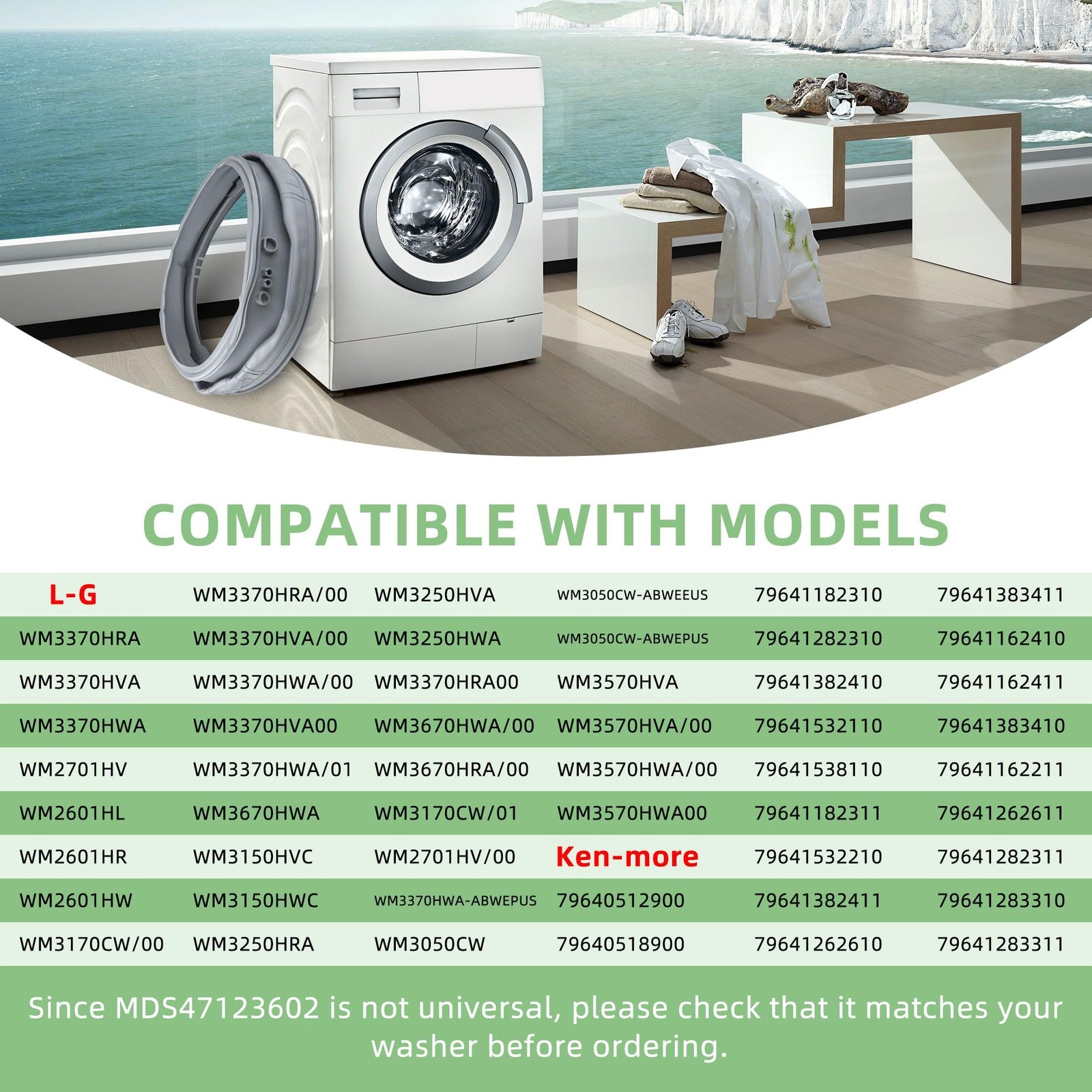 AMI PARTS washer door seal gasket for LG and Kenmore washing machines, showing the rubber gasket with a curved shape and sealing edge.