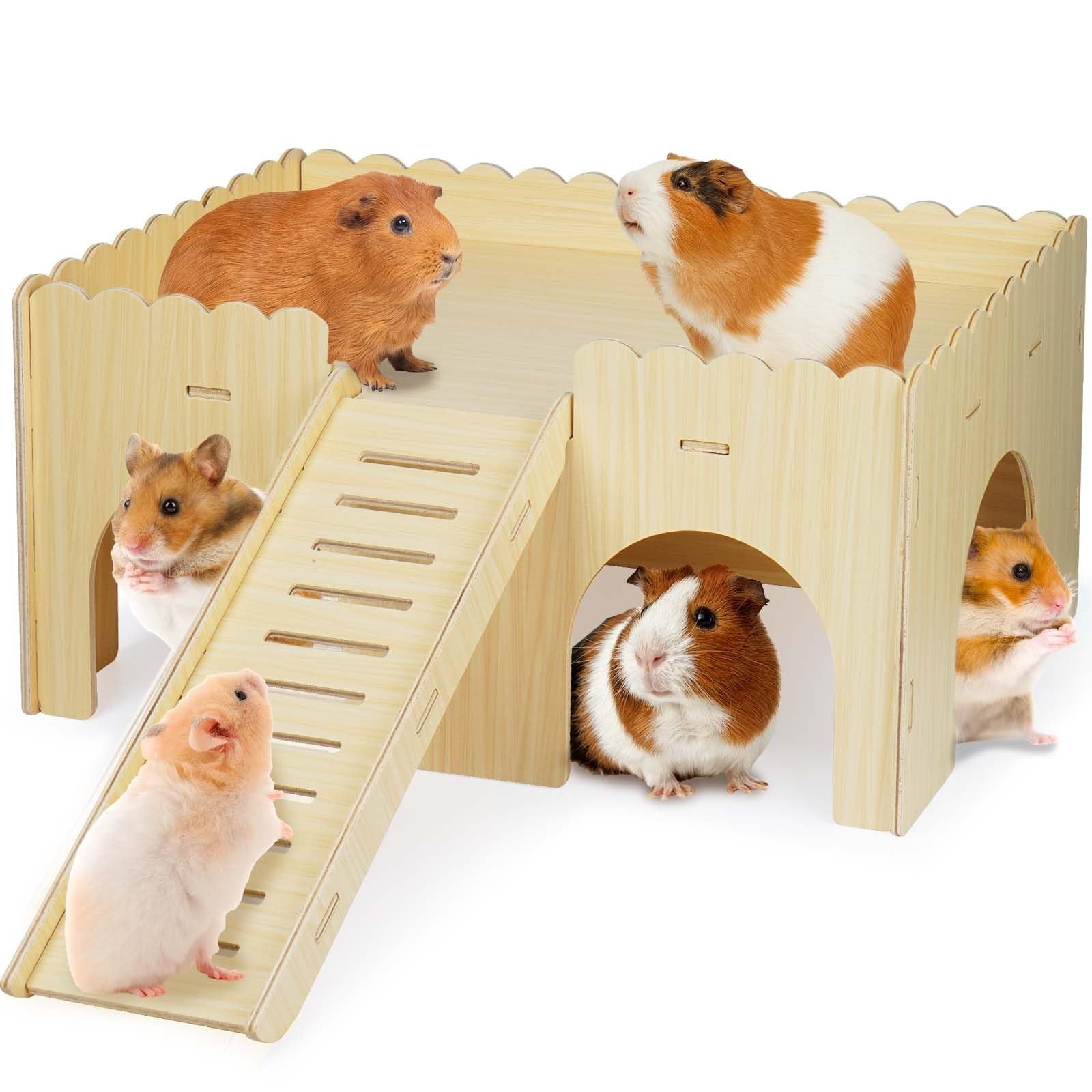 Qorviana wooden guinea pig hideout with upgraded castle design and ramp, providing a cozy shelter for small pets.