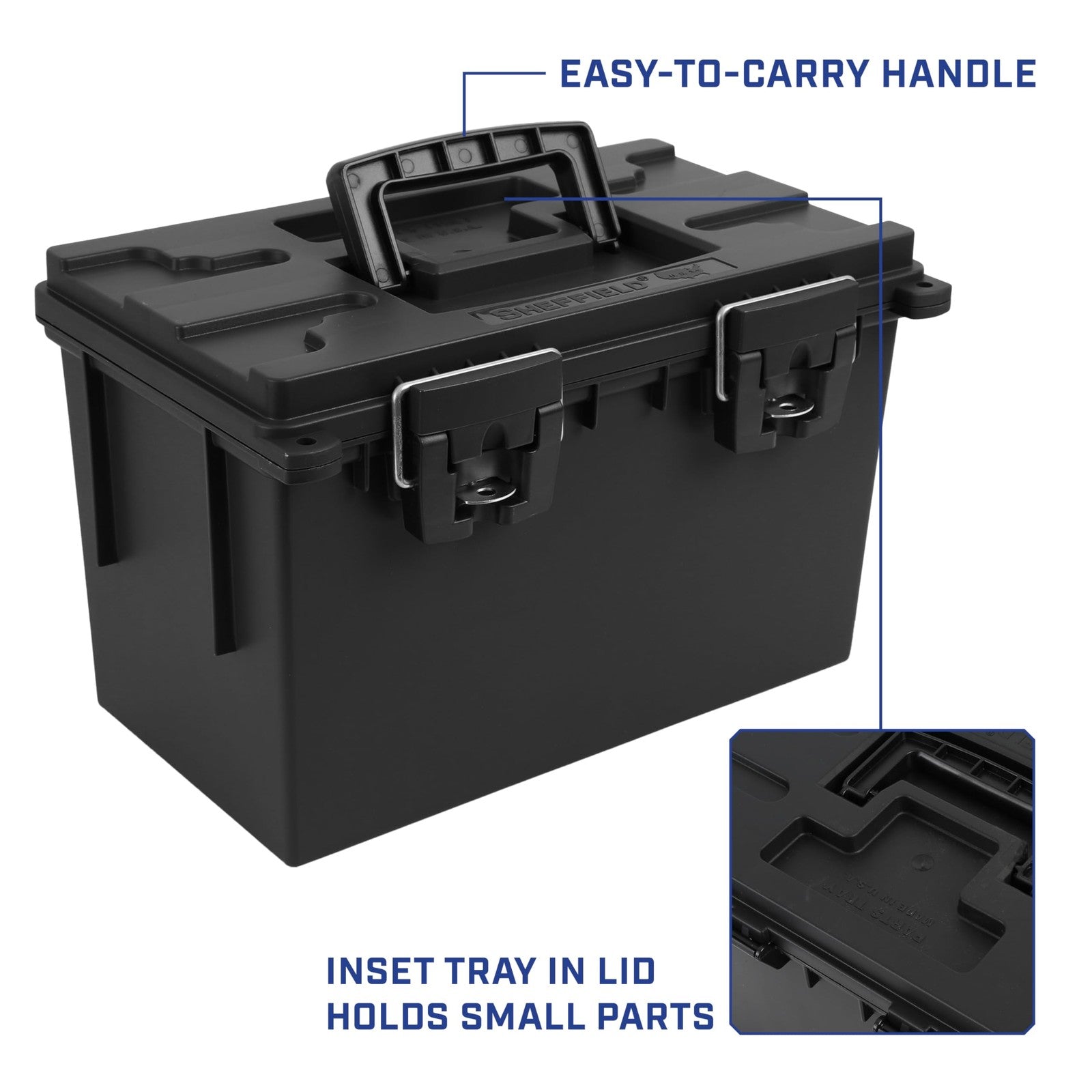 Sheffield XL storage bins with lids, 2-pack, stackable plastic storage containers for organizing household items.
