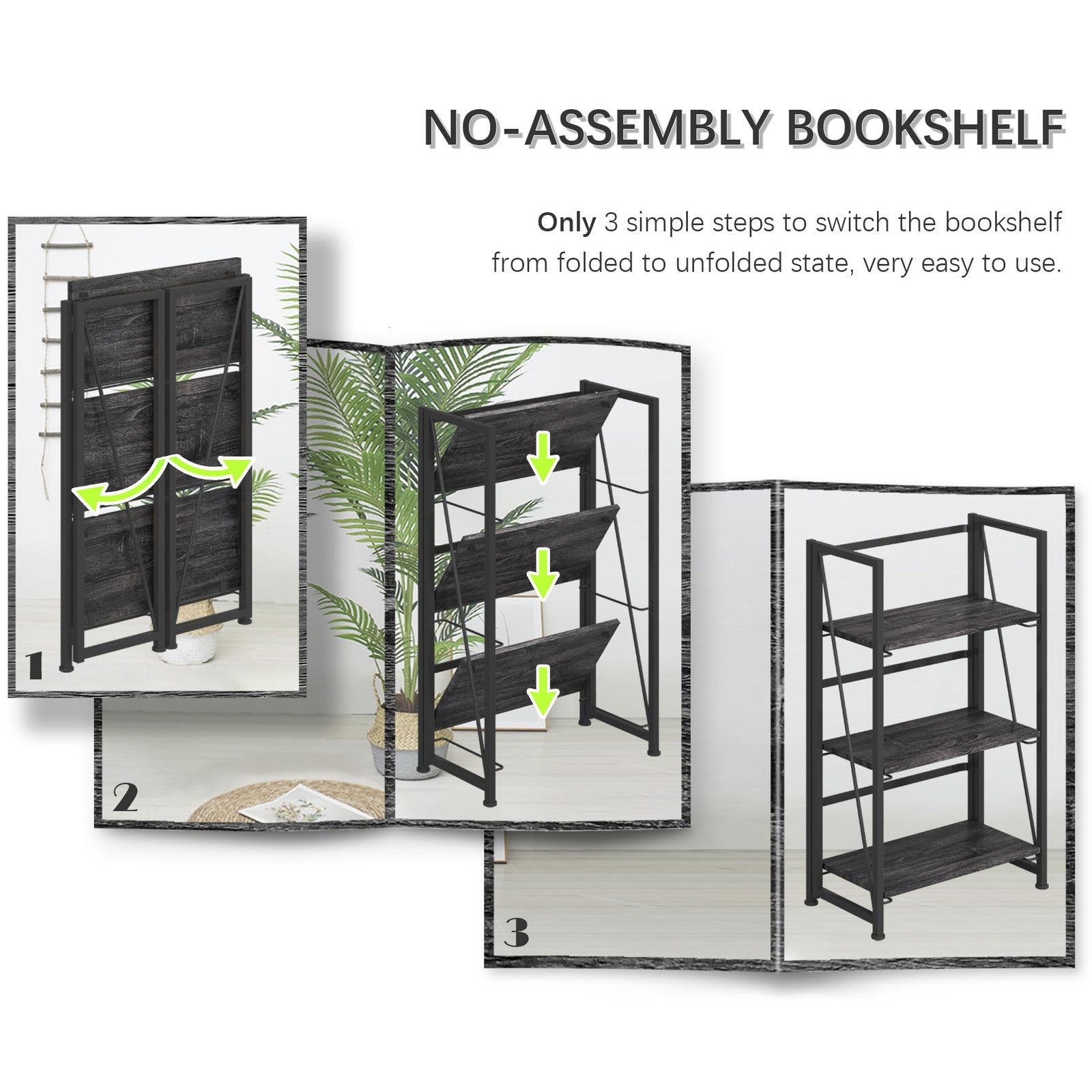 4NM vintage 3-tier folding bookshelf with 4Nm no-assembly design, showcasing wooden shelves and compact storage.