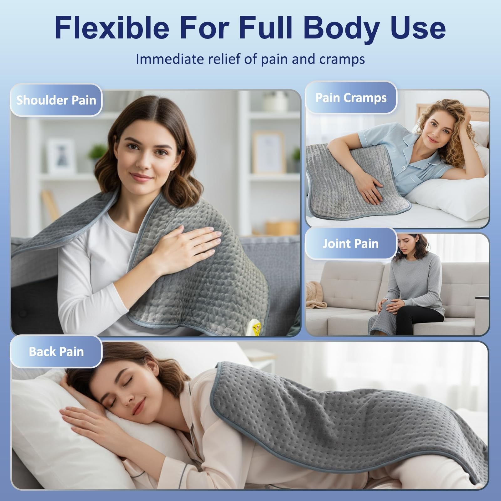 TVMALL large 20x40-inch electric heating pad for back pain relief and cramps, soft fabric with adjustable heat settings.