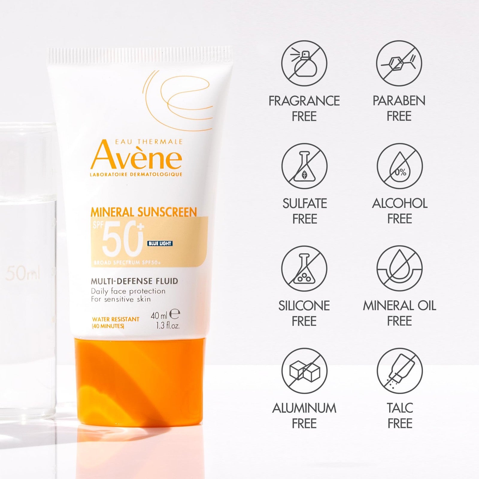 Avène Mineral Sunscreen Multi-Defense Fluid with SPF 50+ and tinted formula, featuring clean ingredients and a lightweight, protective texture.