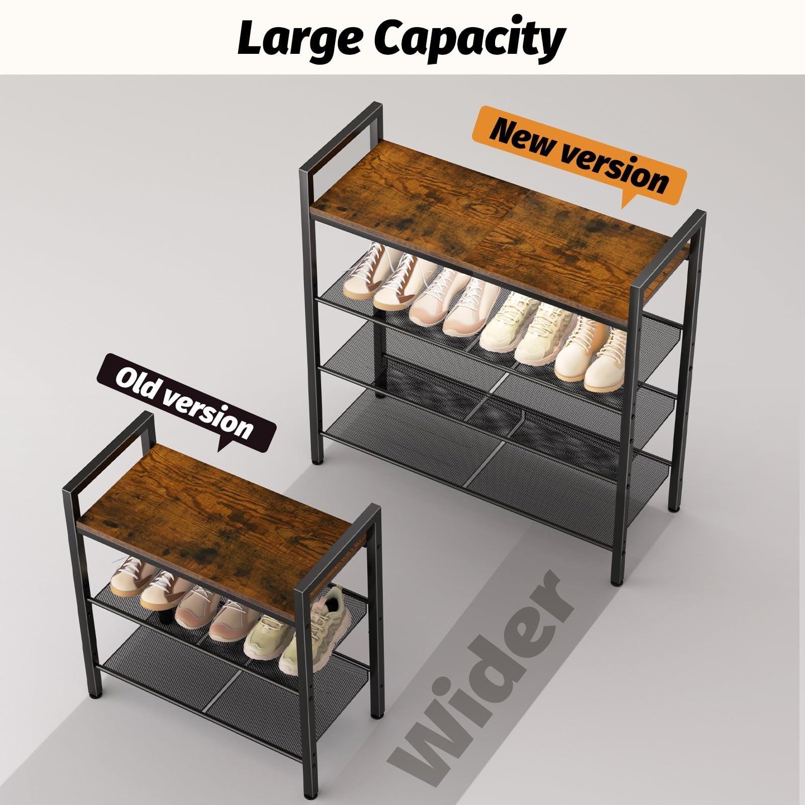 WIN4ALL 4-tier shoe rack for front door entrance, organized entryway with space for 12-16 pairs of shoes, sturdy metal frame.