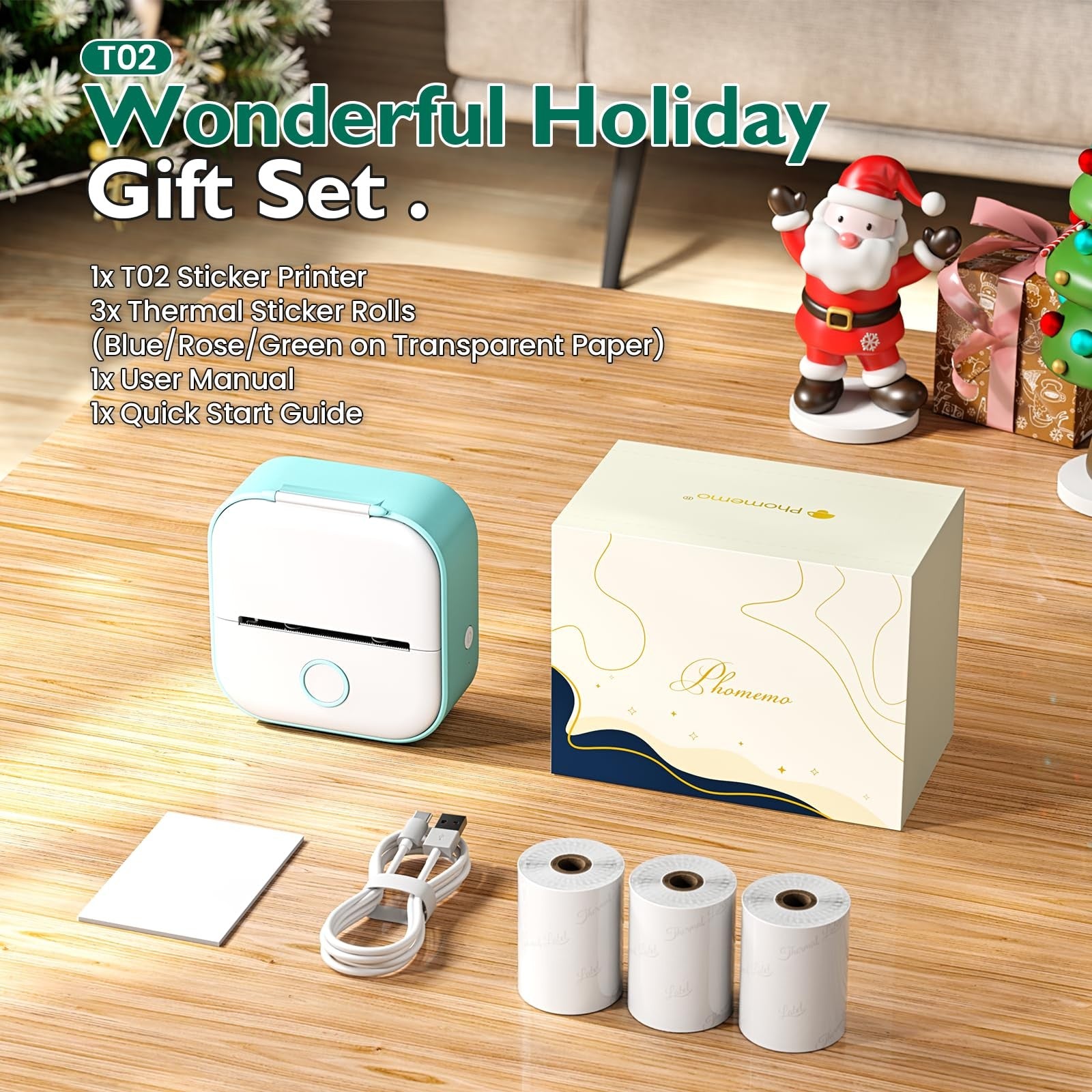 Phomemo Sticker Printer T02 mini printer with three rolls of colorful adhesive sticker print pods.