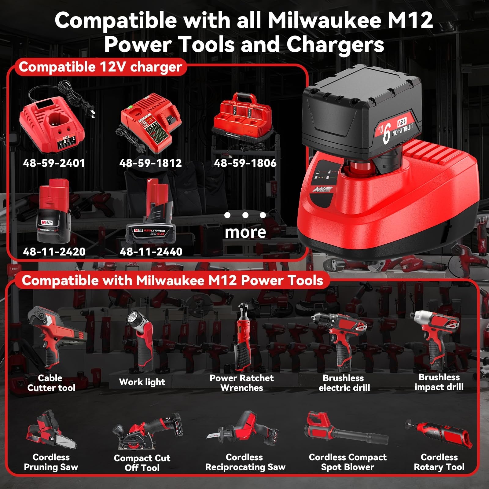 Two Nonbliep 9.0Ah lithium-ion replacement batteries for Milwaukee M12 12V power tools, shown with battery terminals visible.