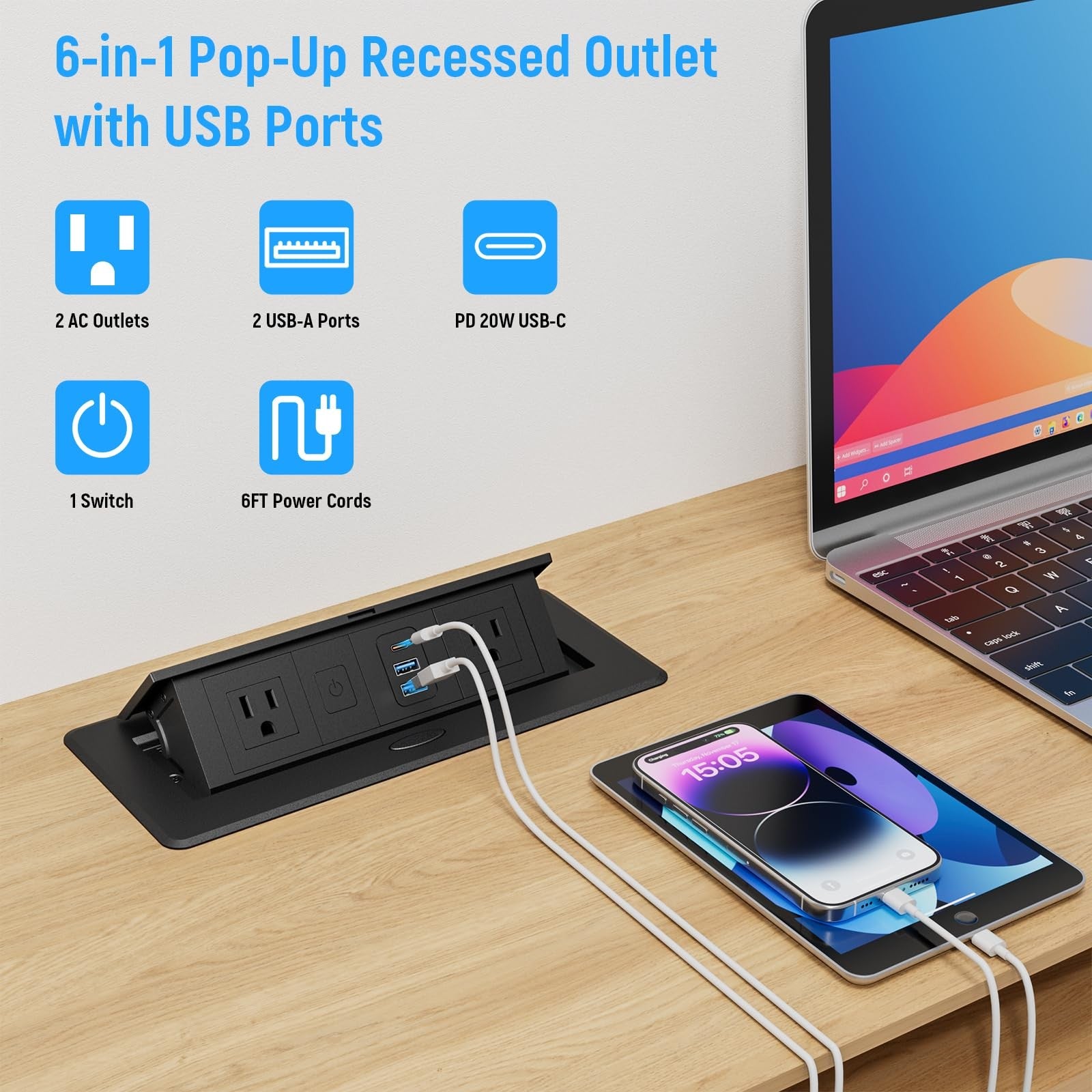 Sussex recessed power strip with 2 AC outlets, 2 USB-A ports, and 1 USB-C port, pop-up design for convenient charging.