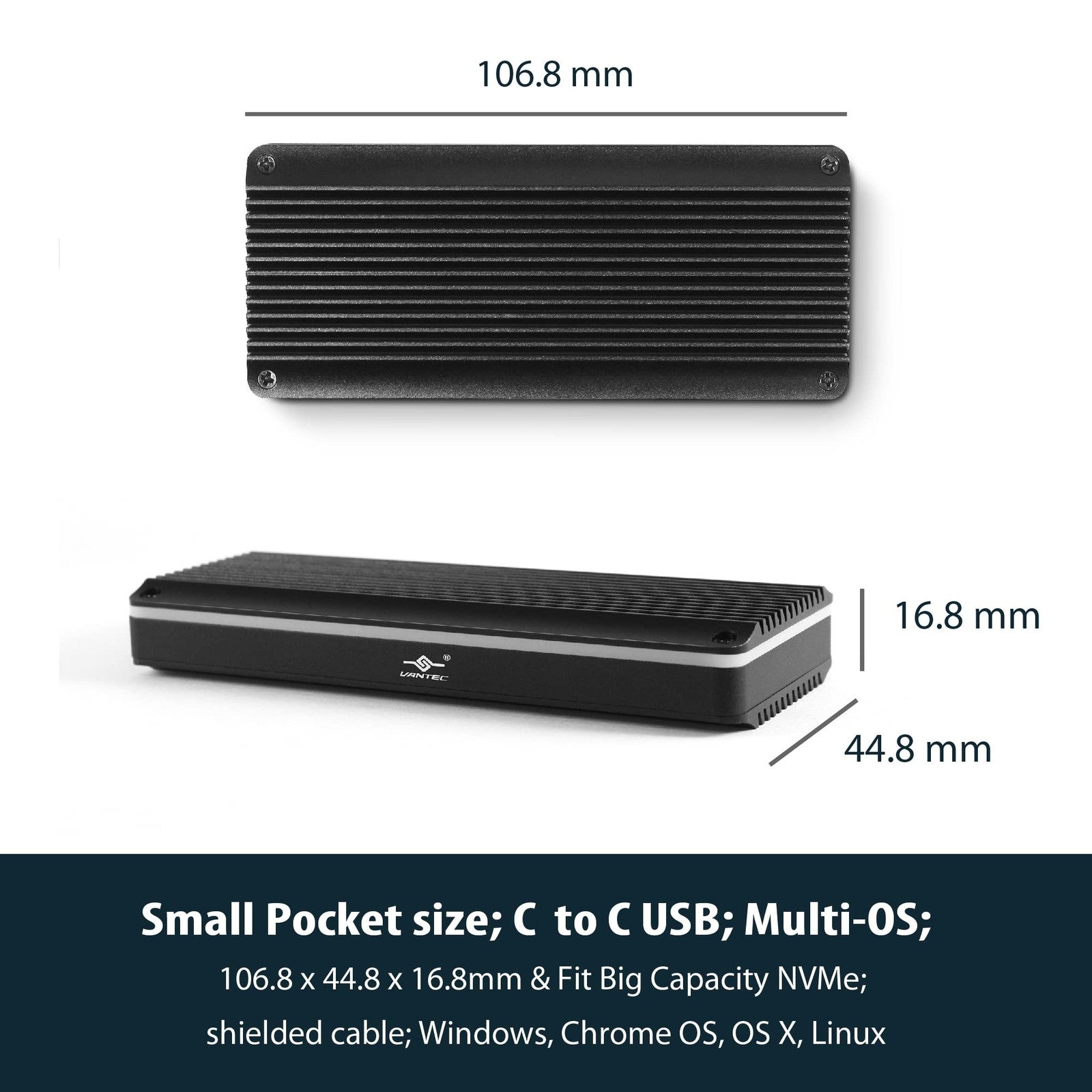 Vantec M.2 NVMe SSD to USB 3.1 Gen 2 Type C RGB portable black enclosure showing the sleek, compact design and USB-C port.